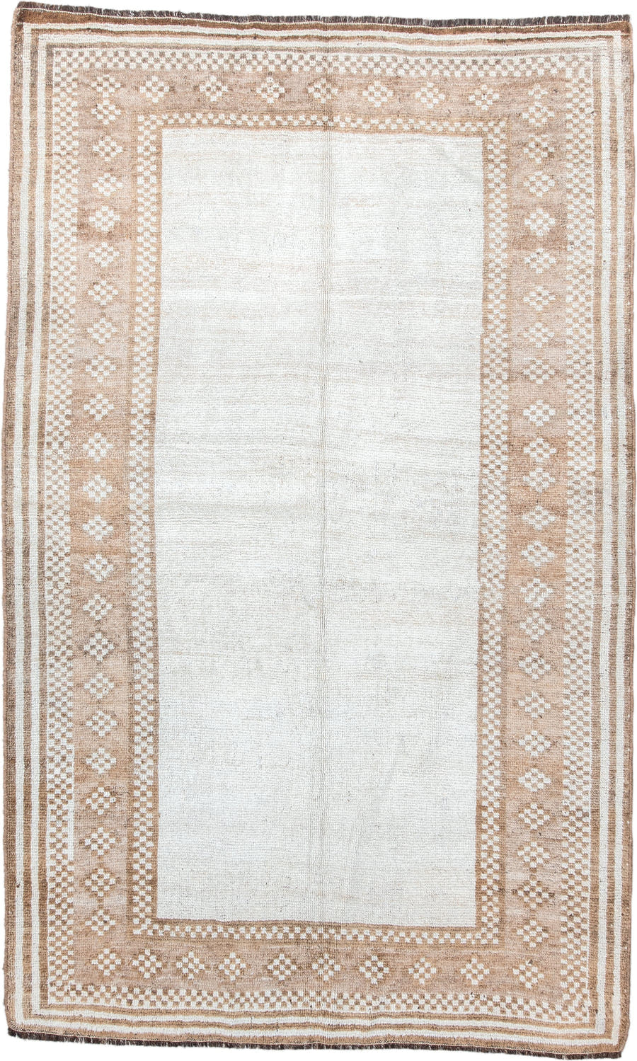 4' x 6' one-of-a-kind handmade vintage Gabbe small size rug. Color palette: ivory, camel, taupe, cream, brown, beige, gray