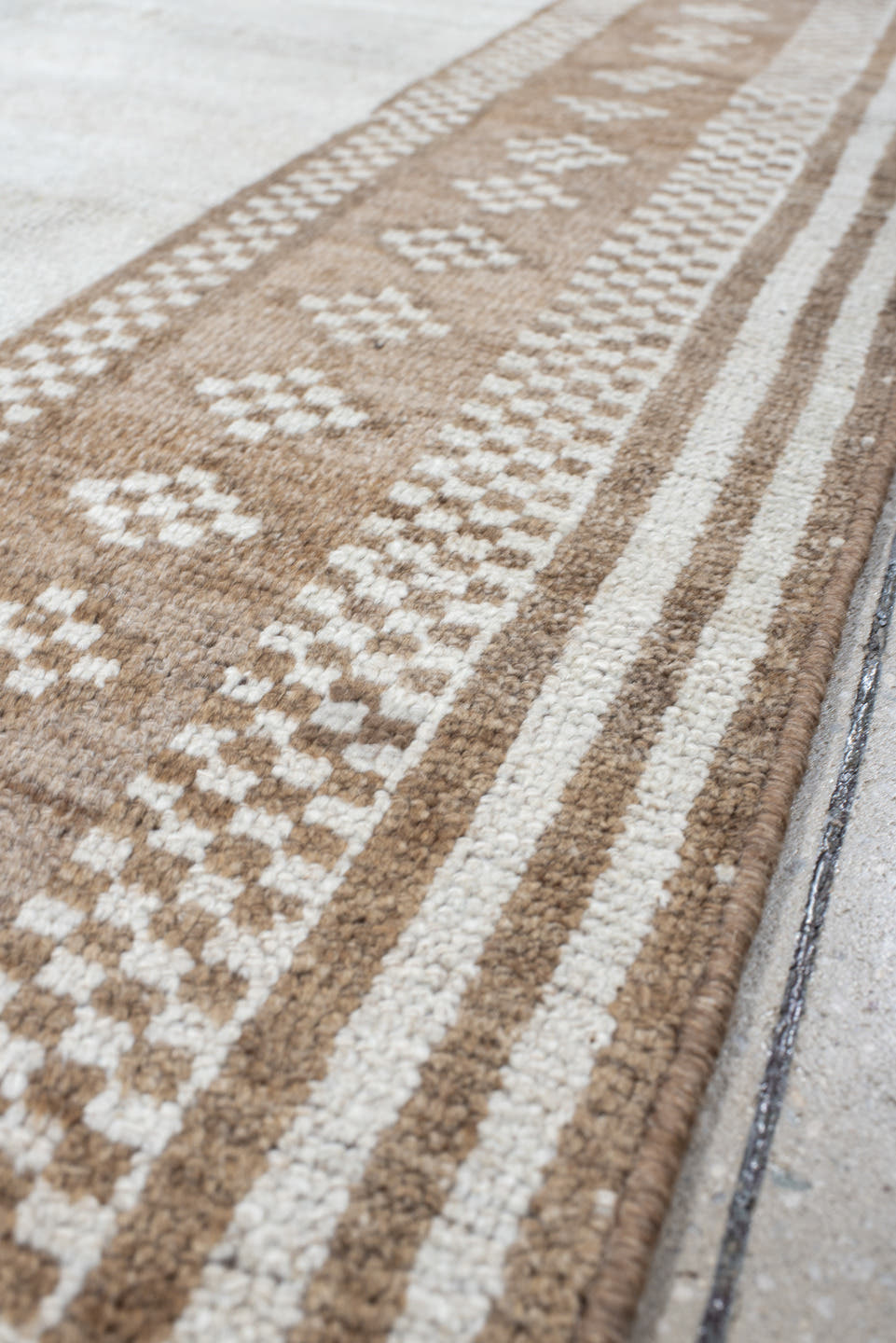 4' x 6' one-of-a-kind handmade vintage Gabbe small size rug. Color palette: ivory, camel, taupe, cream, brown, beige, gray
