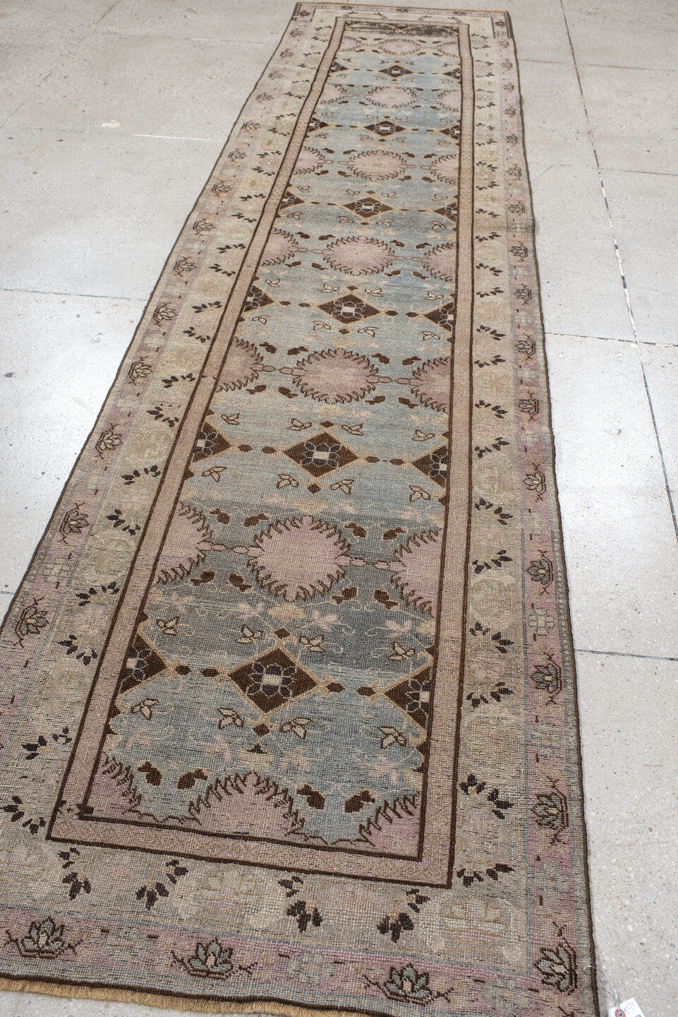 3' x 13' one-of-a-kind handmade vintage Bidjar runner rug. Color palette: ivory, light blue, taupe, brown, rose, charcoal