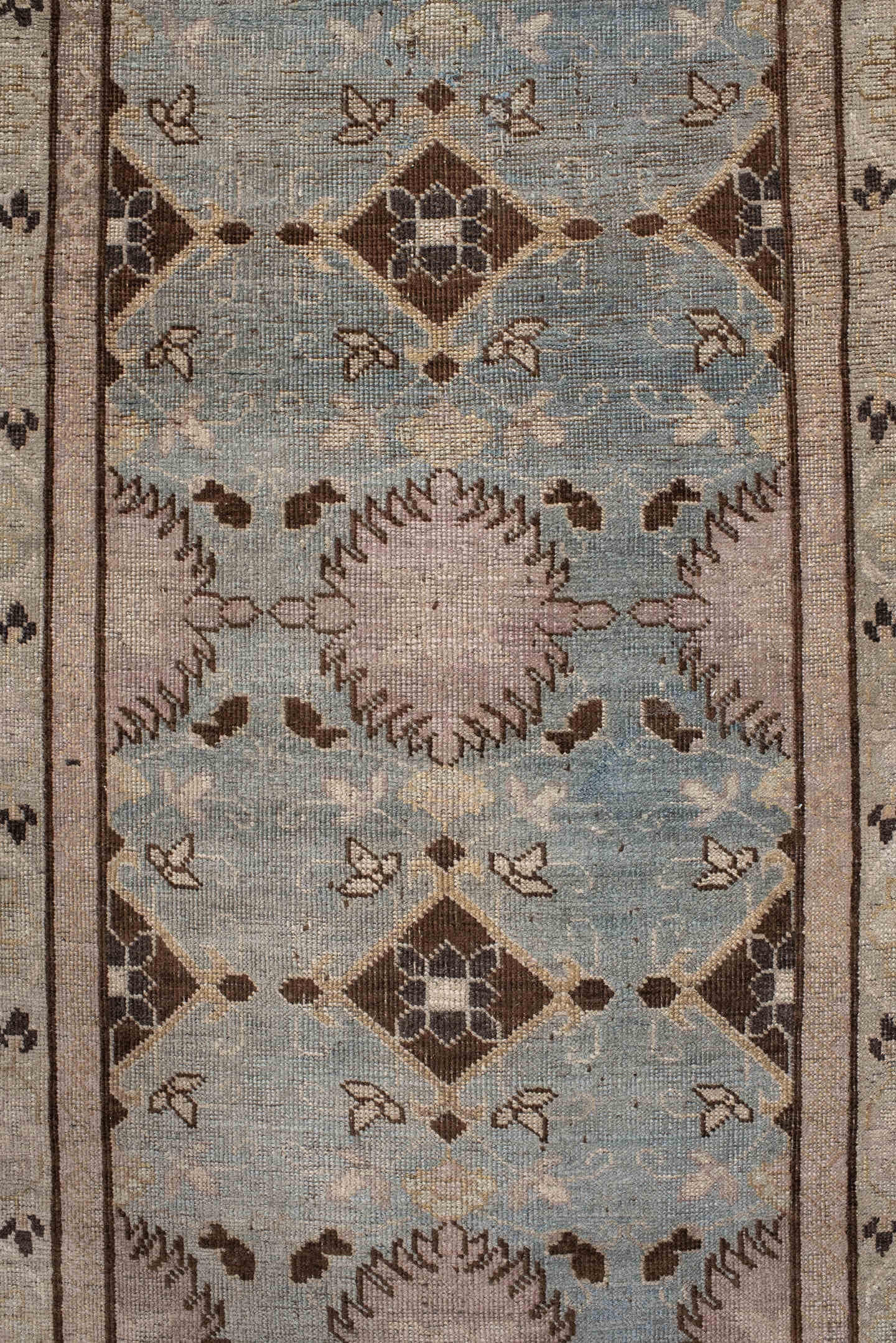 3' x 13' one-of-a-kind handmade vintage Bidjar runner rug. Color palette: ivory, light blue, taupe, brown, rose, charcoal