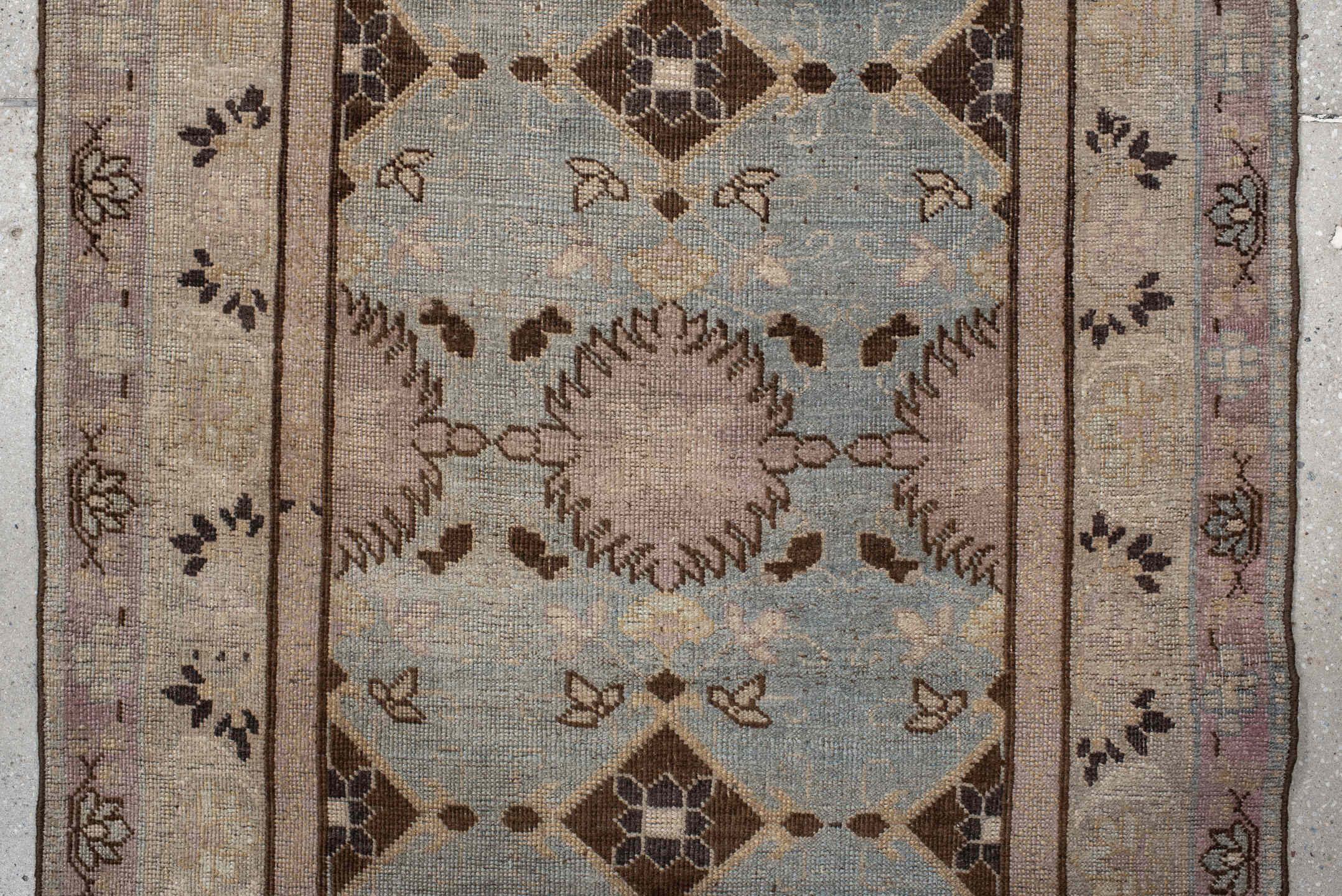 3' x 13' one-of-a-kind handmade vintage Bidjar runner rug. Color palette: ivory, light blue, taupe, brown, rose, charcoal
