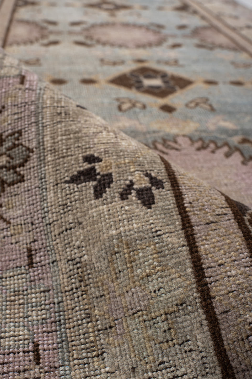 3' x 13' one-of-a-kind handmade vintage Bidjar runner rug. Color palette: ivory, light blue, taupe, brown, rose, charcoal