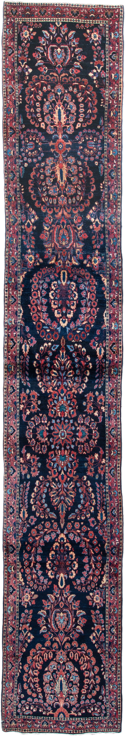 2' x 15' one-of-a-kind handmade vintage Sarouk runner rug. Color palette: navy, rose, crimson, ivory, sky blue, burgundy