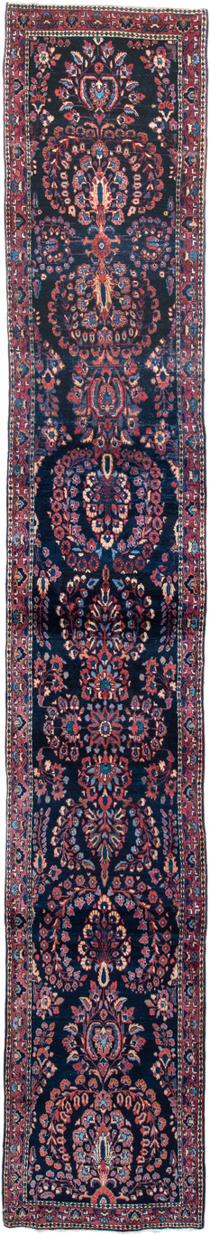 2' x 15' one-of-a-kind handmade vintage Sarouk runner rug. Color palette: navy, rose, crimson, ivory, sky blue, burgundy
