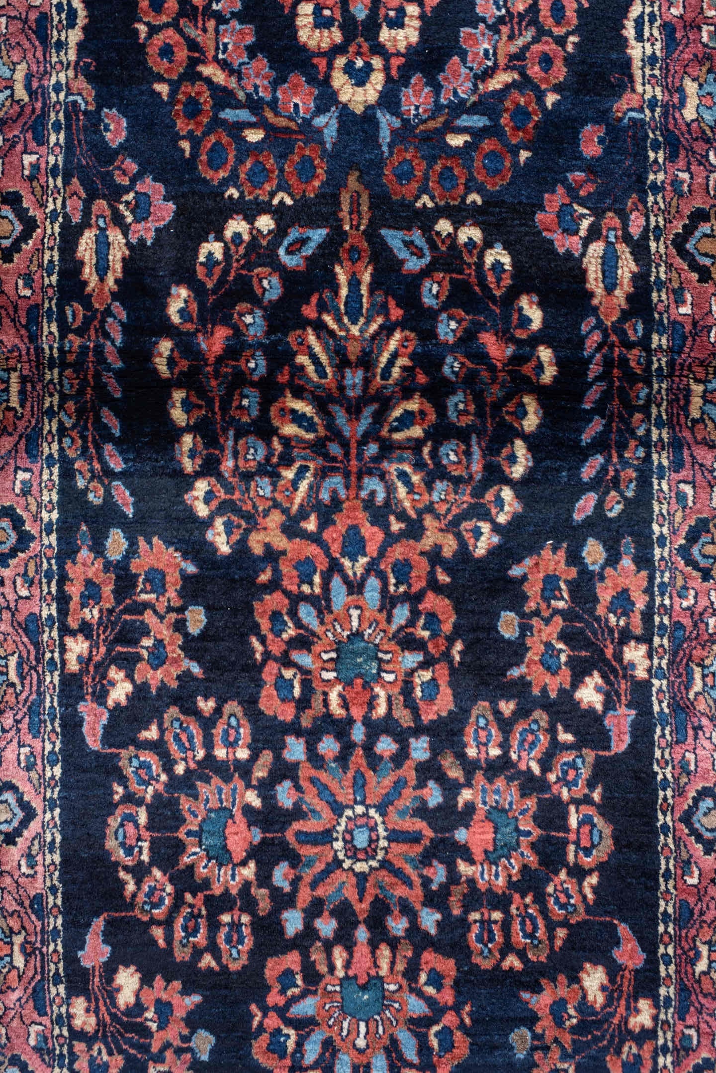 2' x 15' one-of-a-kind handmade vintage Sarouk runner rug. Color palette: navy, rose, crimson, ivory, sky blue, burgundy