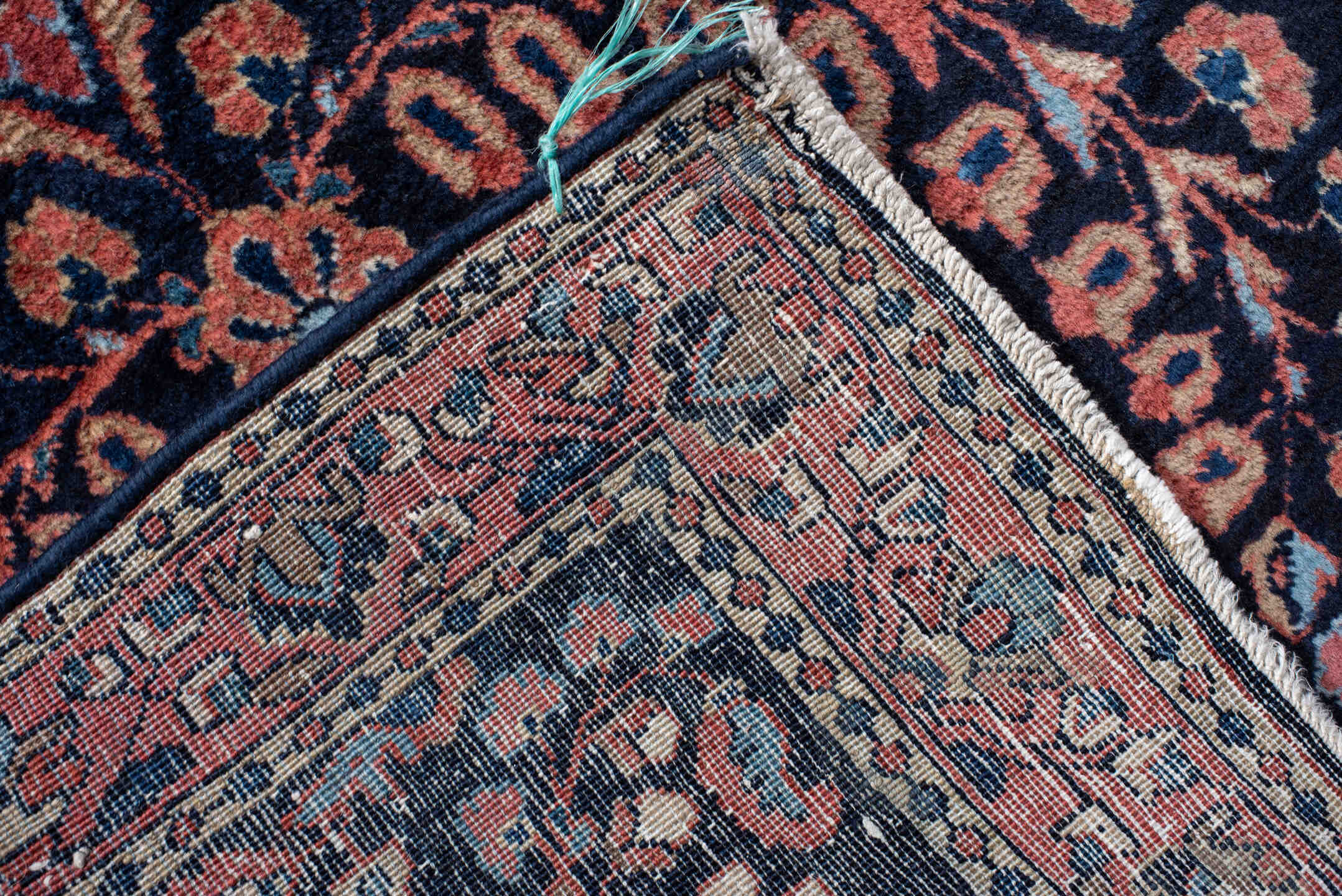 2' x 15' one-of-a-kind handmade vintage Sarouk runner rug. Color palette: navy, rose, crimson, ivory, sky blue, burgundy
