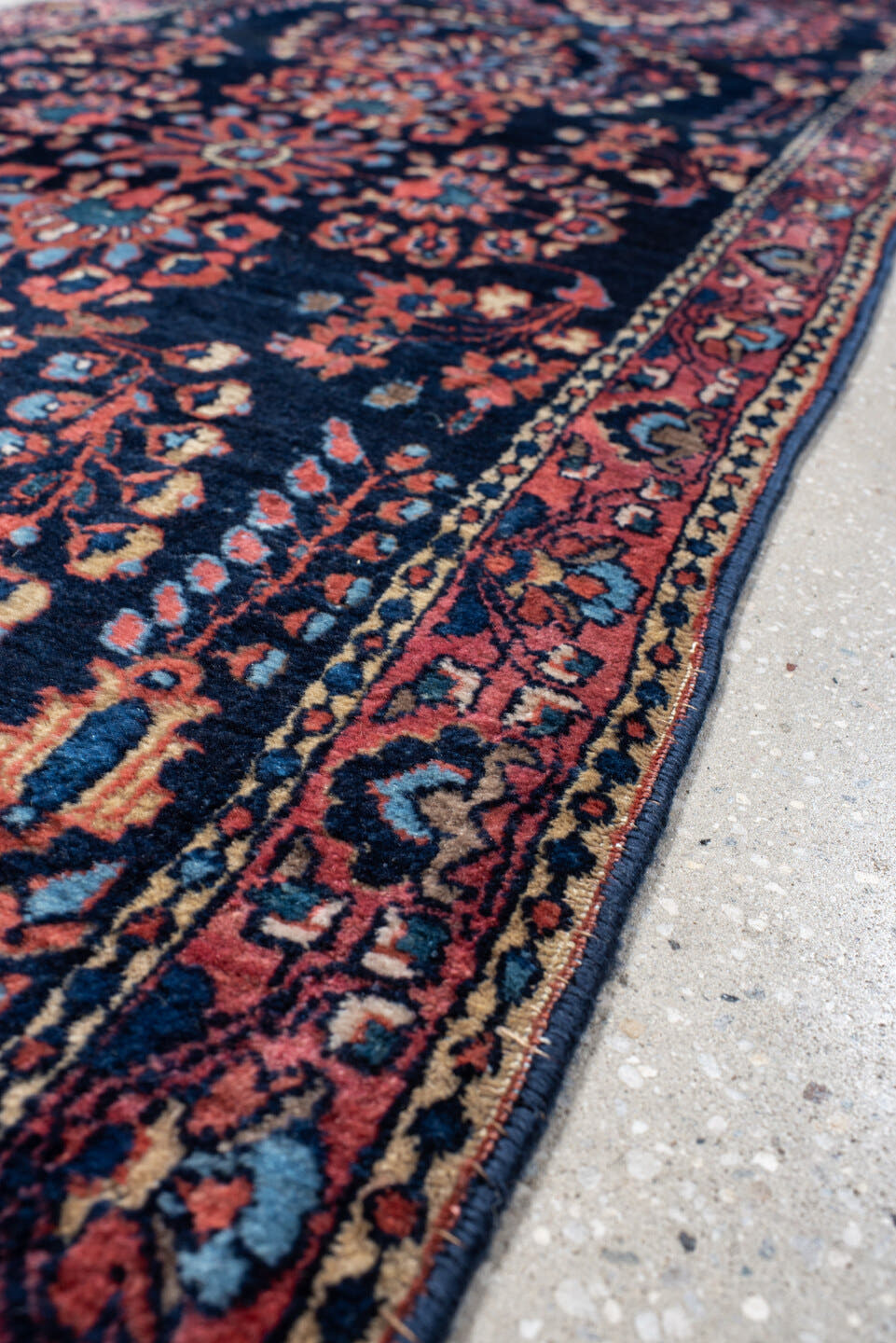 2' x 15' one-of-a-kind handmade vintage Sarouk runner rug. Color palette: navy, rose, crimson, ivory, sky blue, burgundy