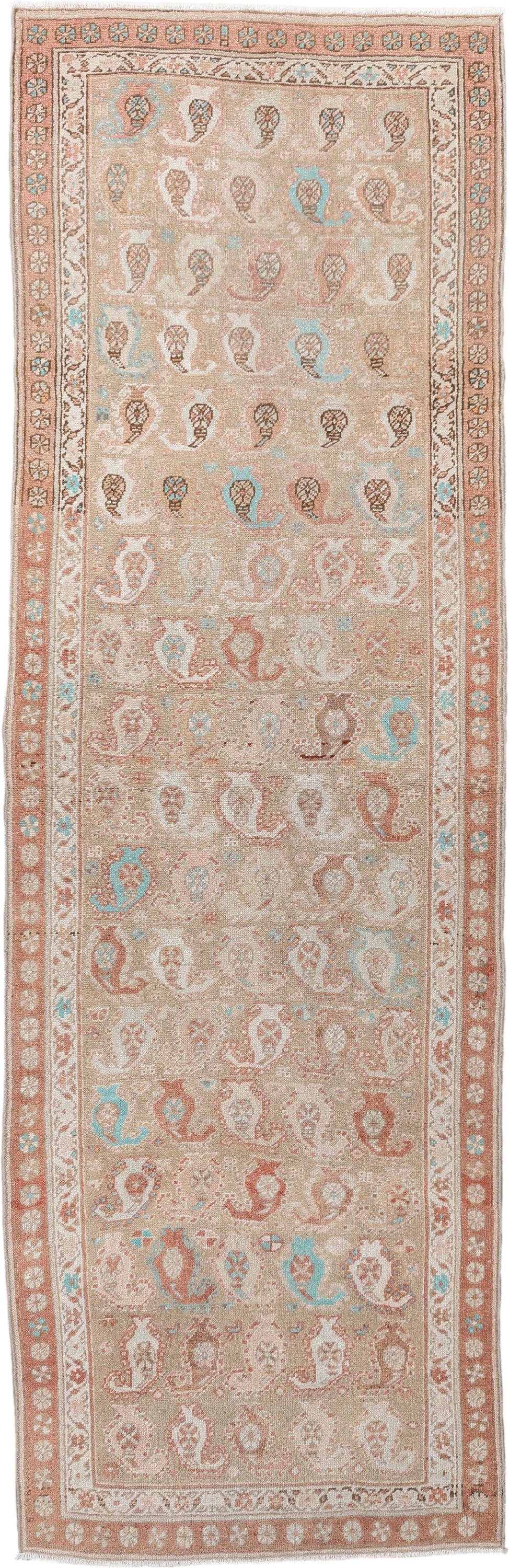 3' x 9' one-of-a-kind handmade vintage Sarab runner rug. Color palette: camel, terra cotta, ivory, taupe, sky blue, tan