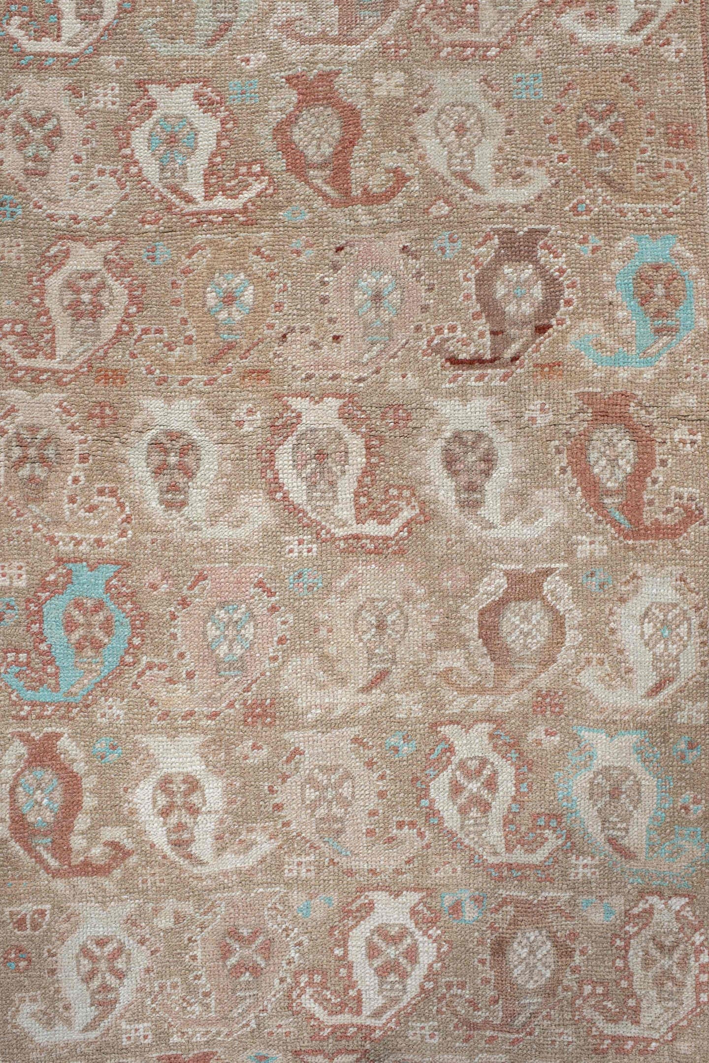 3' x 9' one-of-a-kind handmade vintage Sarab runner rug. Color palette: camel, terra cotta, ivory, taupe, sky blue, tan
