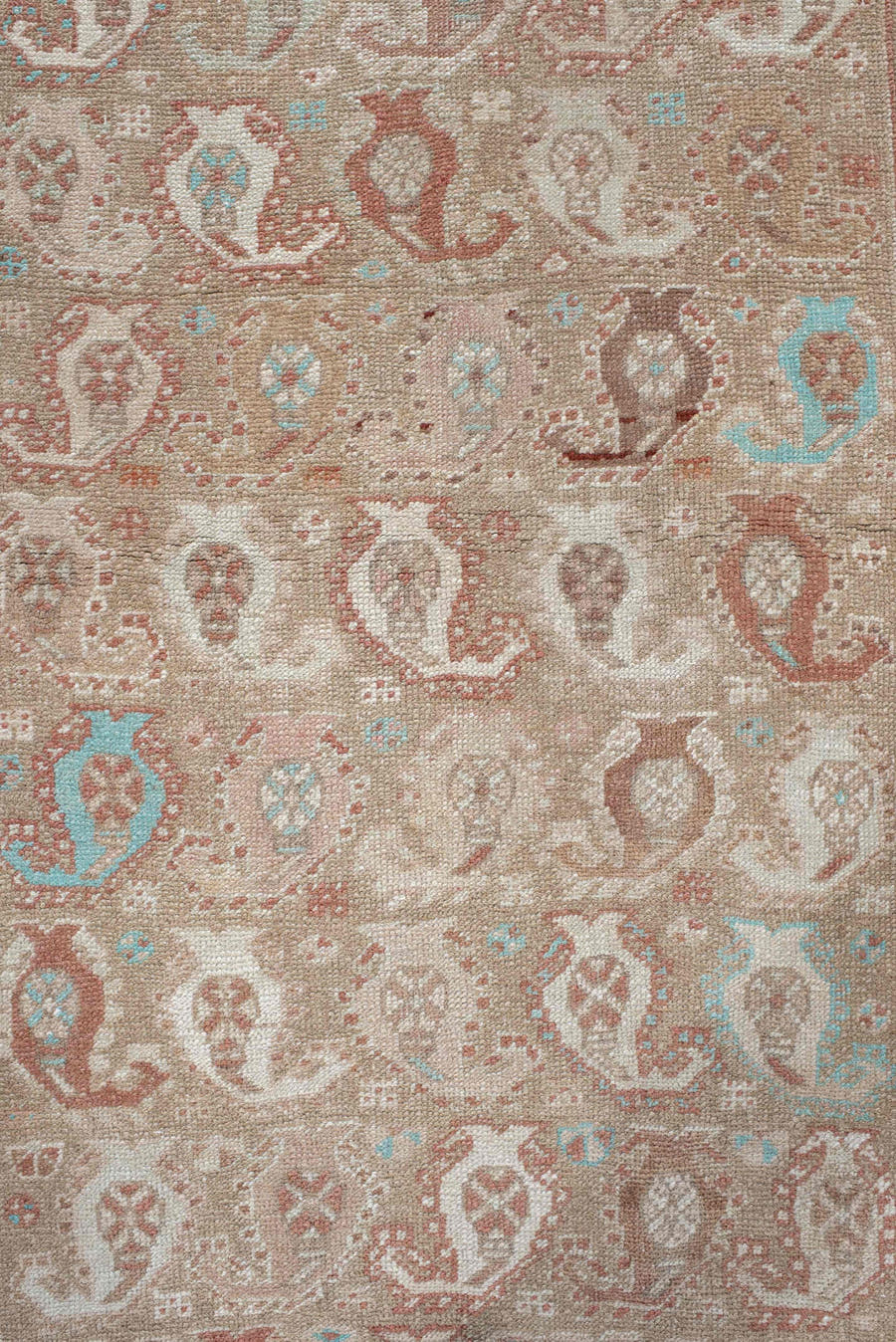 3' x 9' one-of-a-kind handmade vintage Sarab runner rug. Color palette: camel, terra cotta, ivory, taupe, sky blue, tan
