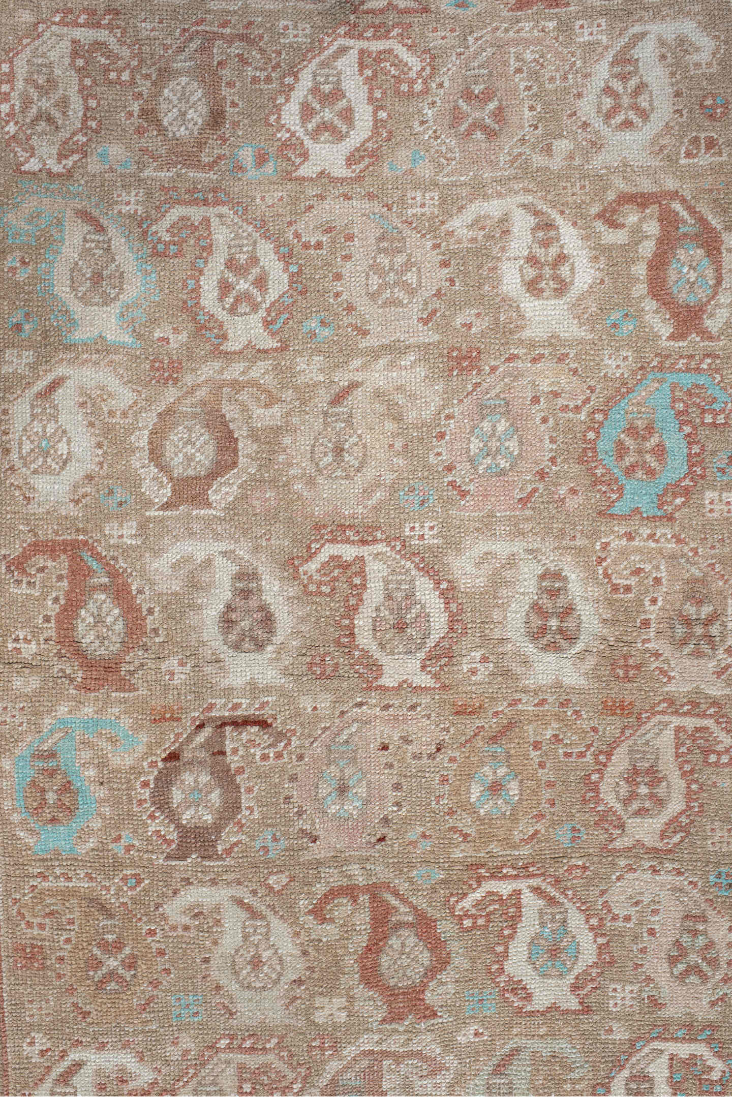 3' x 9' one-of-a-kind handmade vintage Sarab runner rug. Color palette: brown, gray, light gray, off-white, orange, pink