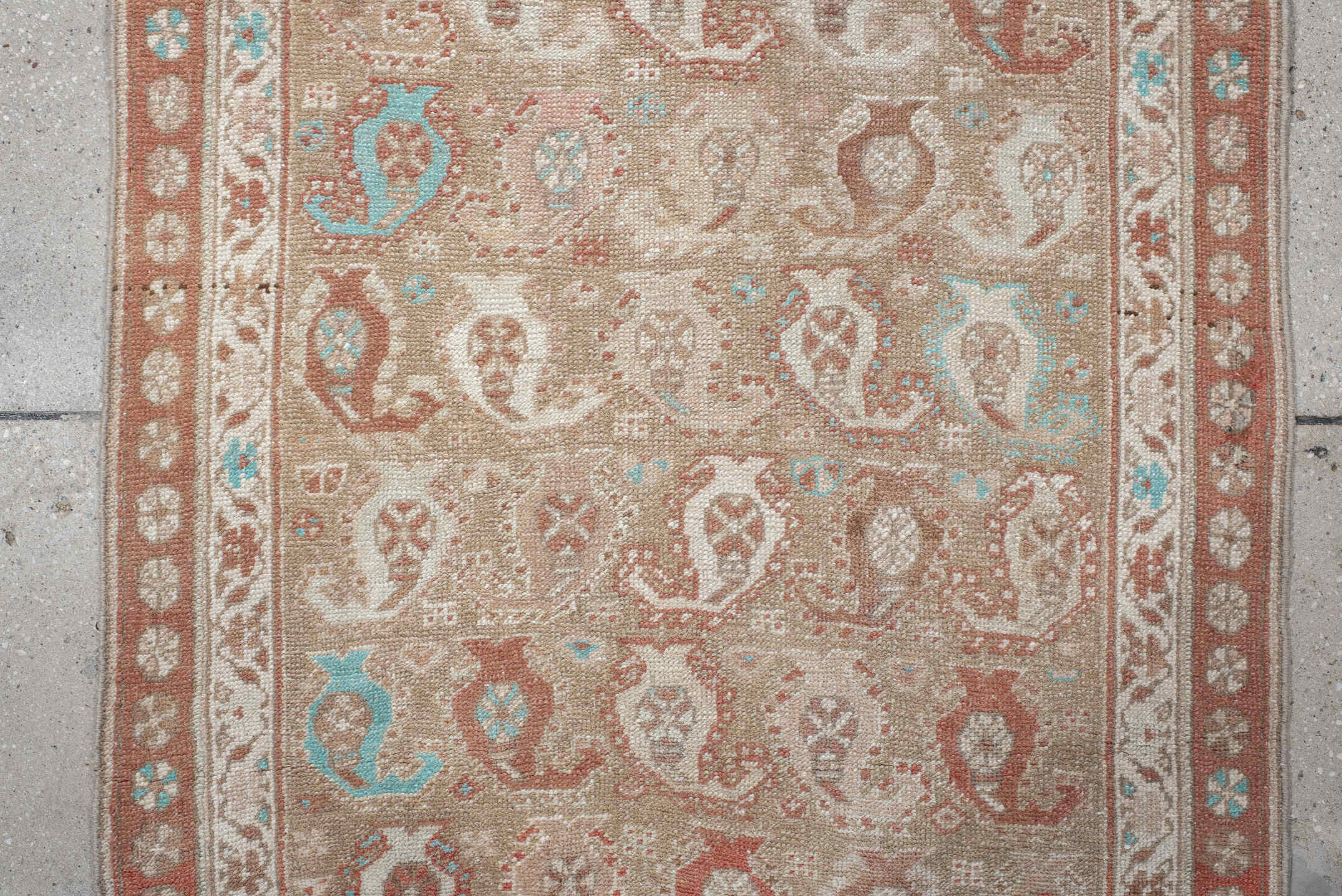 3' x 9' one-of-a-kind handmade vintage Sarab runner rug. Color palette: camel, terra cotta, ivory, taupe, sky blue, tan