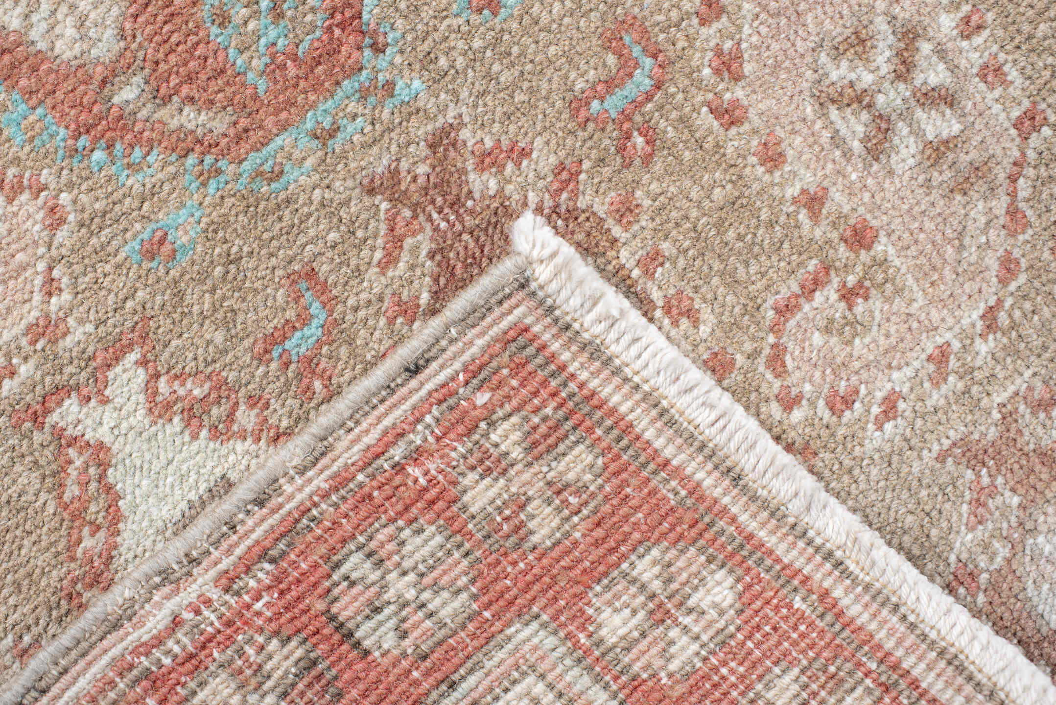 3' x 9' one-of-a-kind handmade vintage Sarab runner rug. Color palette: camel, terra cotta, ivory, taupe, sky blue, tan