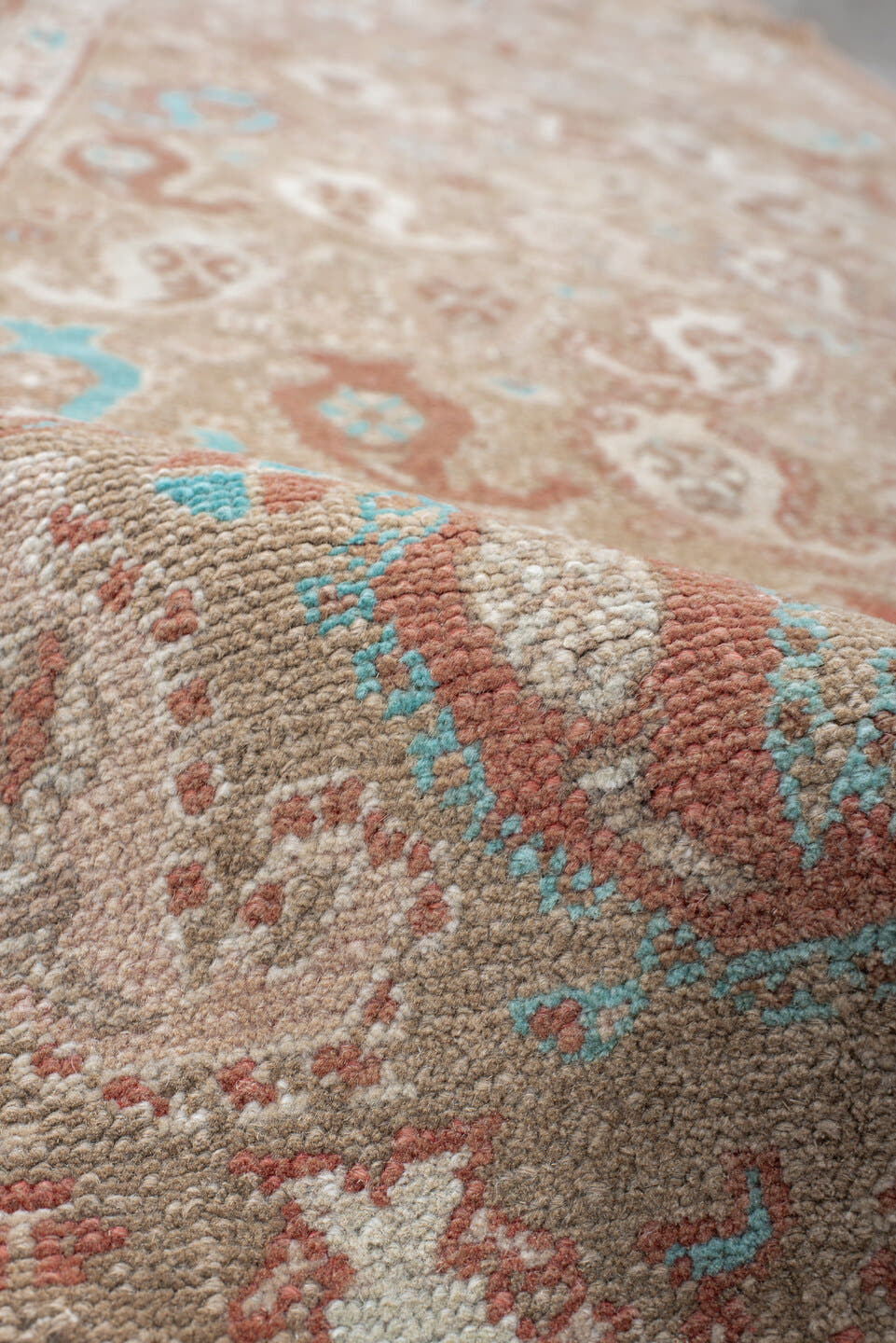 3' x 9' one-of-a-kind handmade vintage Sarab runner rug. Color palette: camel, terra cotta, ivory, taupe, sky blue, tan