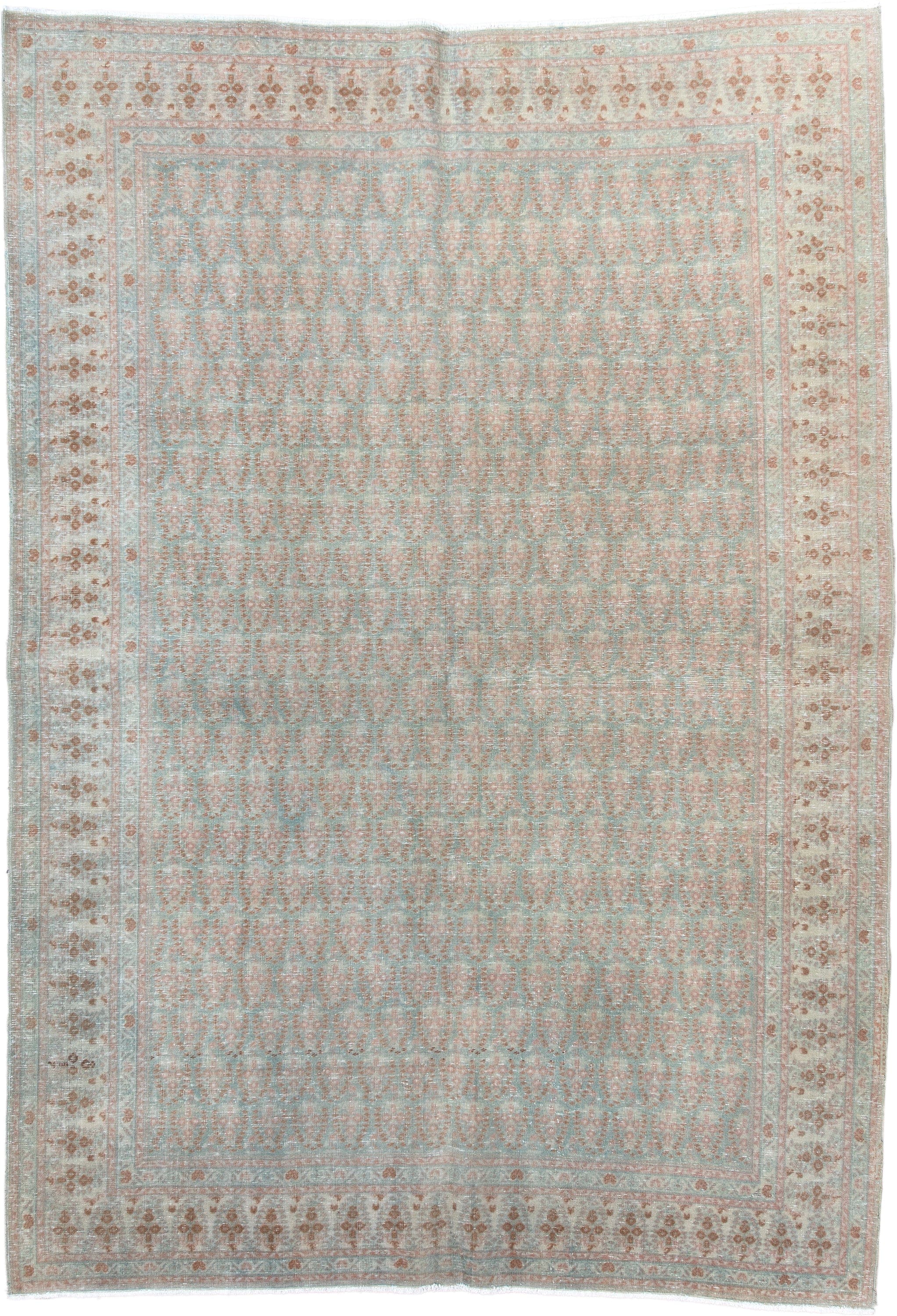 5' x 7' one-of-a-kind handmade vintage Mir medium size rug. Color palette: aqua, ivory, rust, blush, beige, teal, terracotta