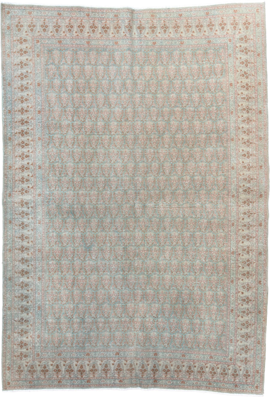 5' x 7' one-of-a-kind handmade vintage Mir medium size rug. Color palette: aqua, ivory, rust, blush, beige, teal, terracotta