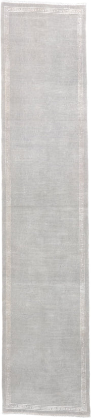 3' x 15' one-of-a-kind handmade vintage Tibetan runner rug. Color palette: gray, ivory, taupe, beige