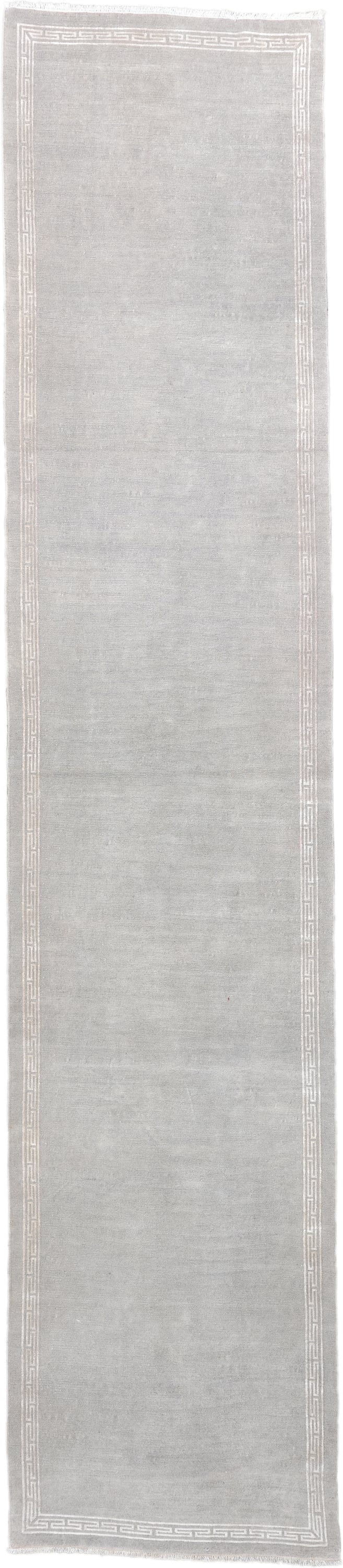 3' x 15' one-of-a-kind handmade vintage Tibetan runner rug. Color palette: gray, ivory, taupe, beige