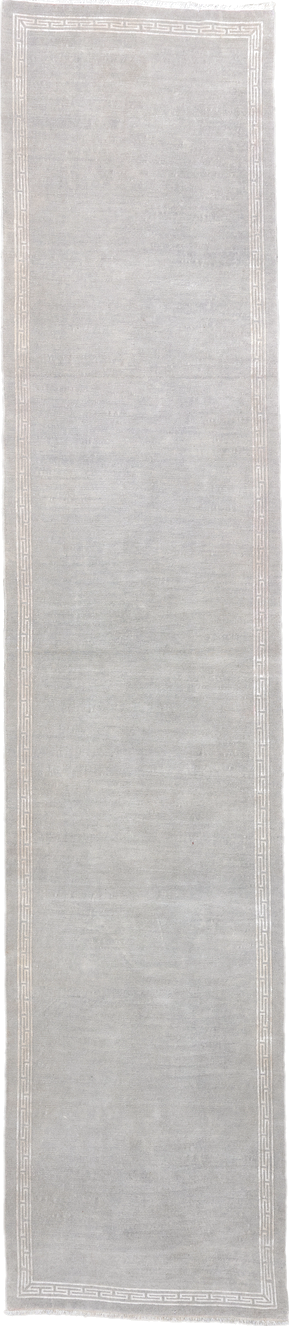 3' x 15' one-of-a-kind handmade vintage Tibetan runner rug. Color palette: gray, ivory, taupe, beige