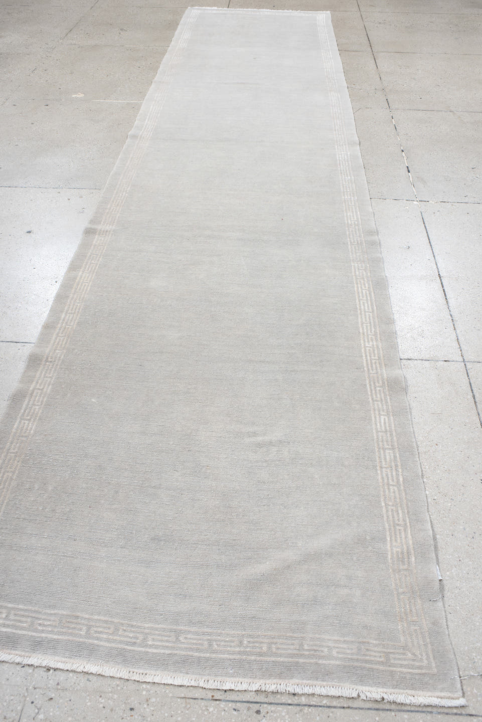 3' x 15' one-of-a-kind handmade vintage Tibetan runner rug. Color palette: gray, ivory, taupe, beige