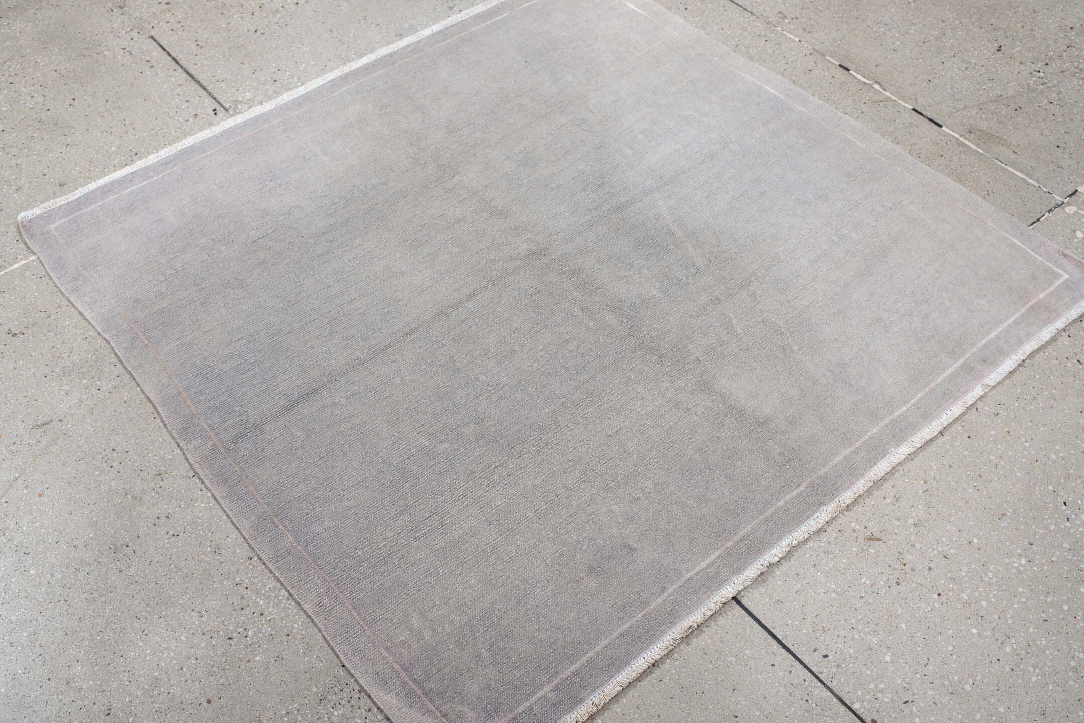 3' x 4' one-of-a-kind handmade vintage Nepal small size rug. Color palette: ivory, silver, blush, taupe, gray, pink, beige