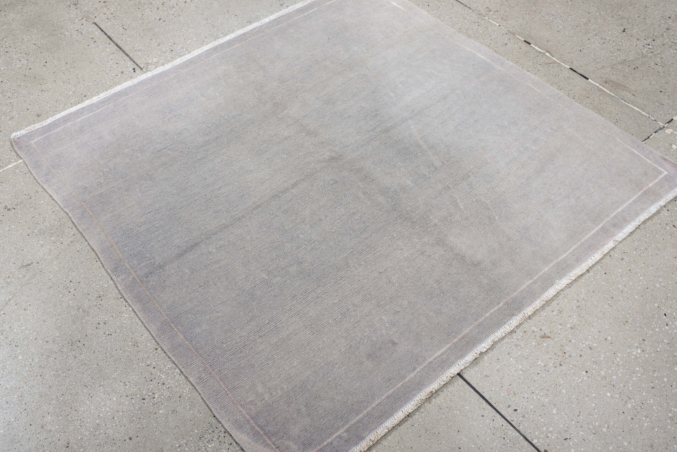 3' x 4' one-of-a-kind handmade vintage Nepal small size rug. Color palette: ivory, silver, blush, taupe, gray, pink, beige