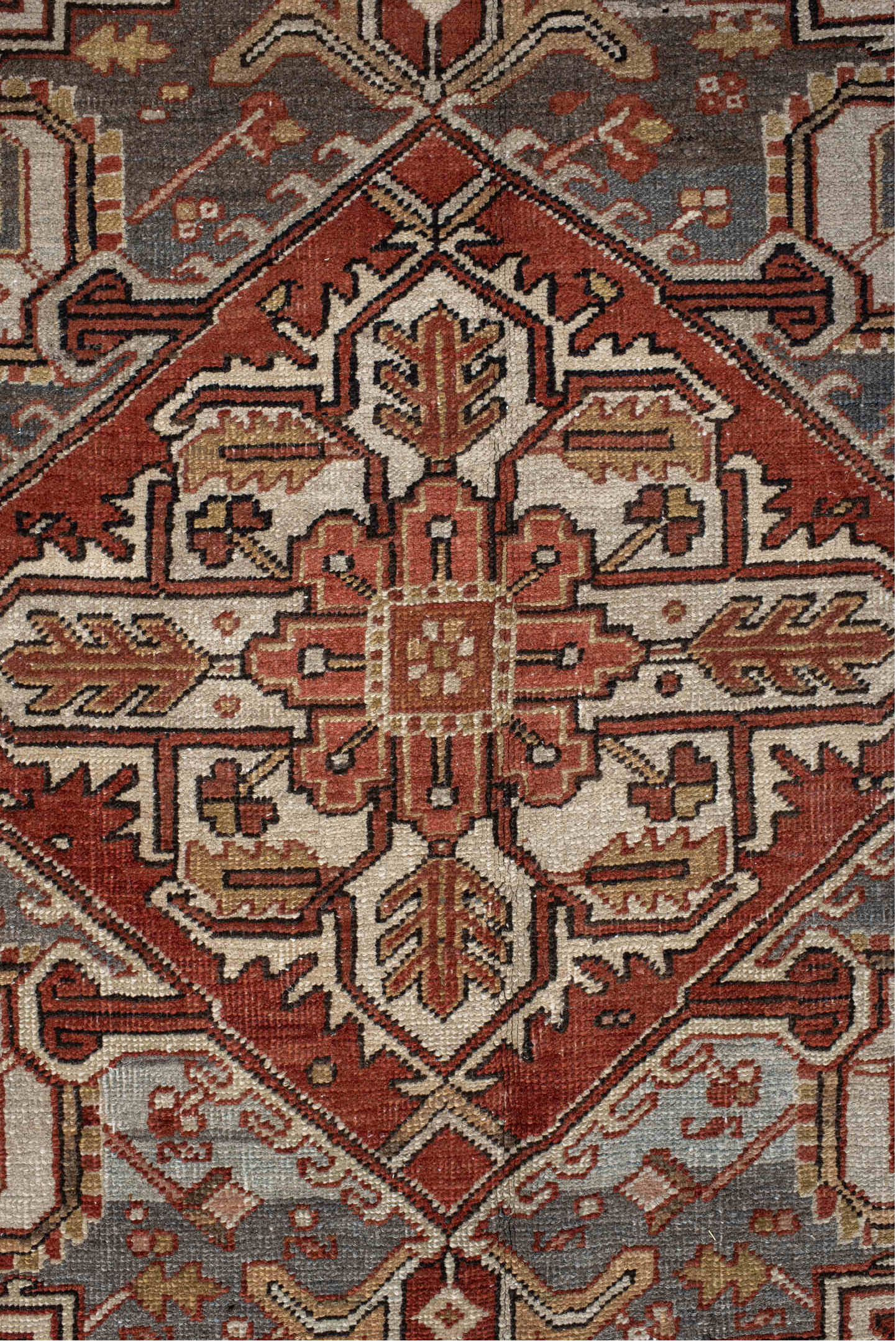7' x 11' one-of-a-kind handmade vintage Heriz large size rug. Color palette: rust, blue, ivory, camel, taupe, brown, slate