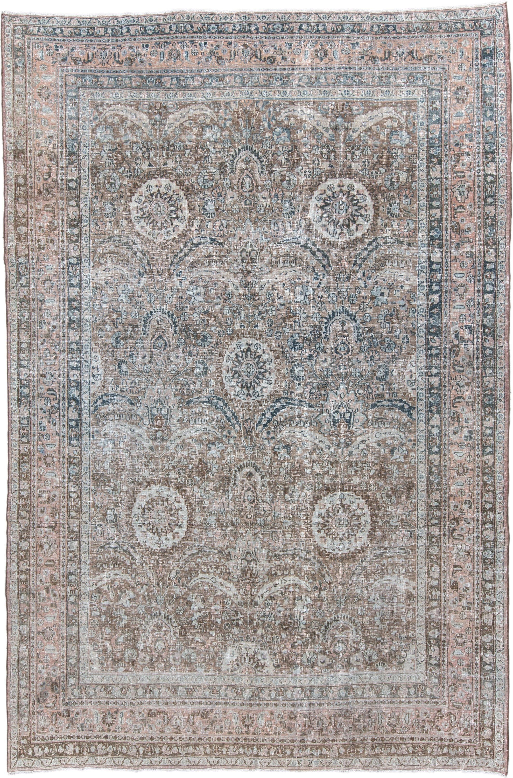 7' x 11' one-of-a-kind handmade antique Meshed large size rug. Color palette: taupe, blush, ivory, slate, dusty blue, brown