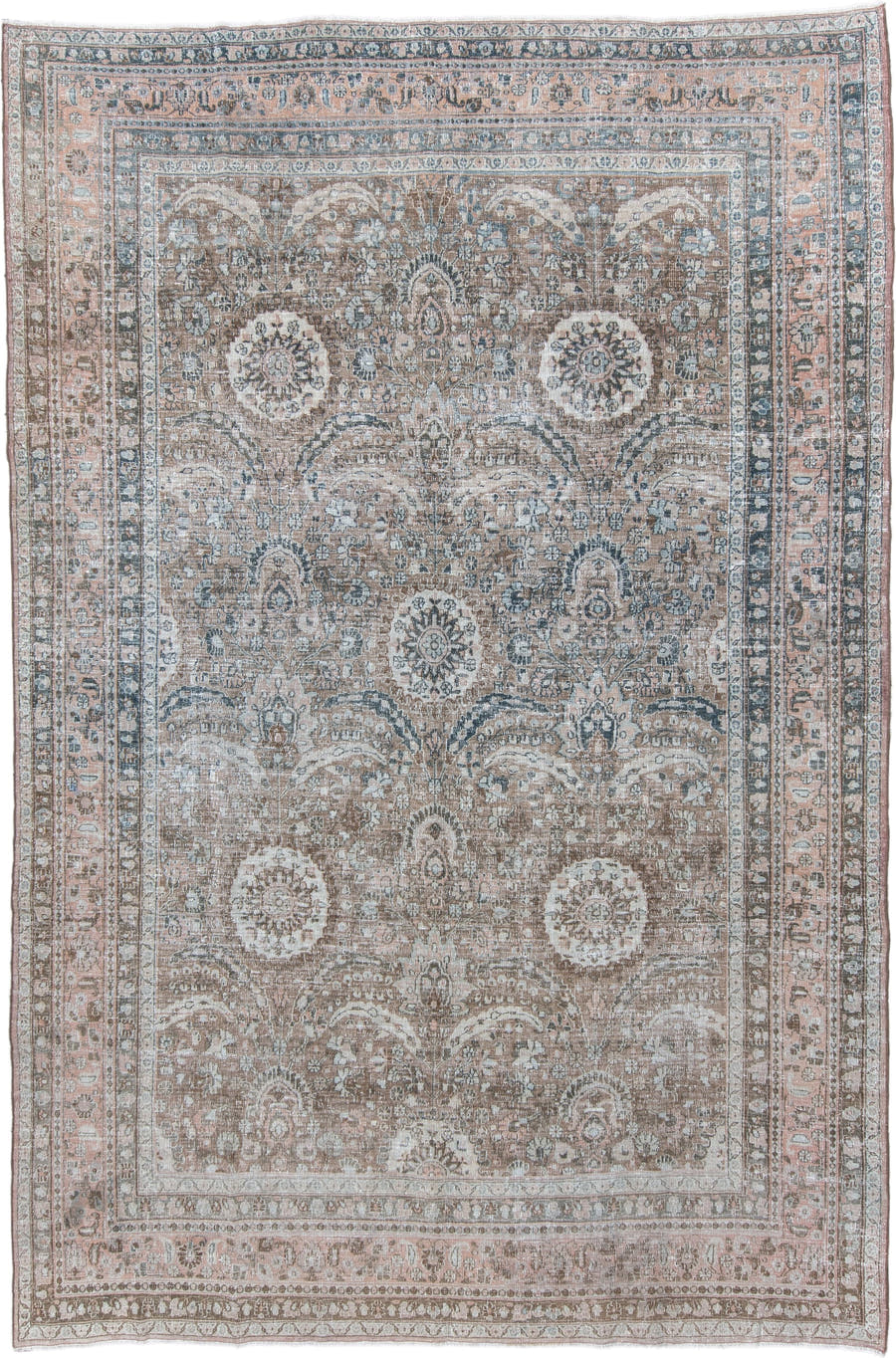 7' x 11' one-of-a-kind handmade antique Meshed large size rug. Color palette: taupe, blush, ivory, slate, dusty blue, brown