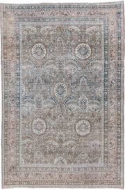 7' x 11' one-of-a-kind handmade antique Meshed large size rug. Color palette: taupe, blush, ivory, slate, dusty blue, brown