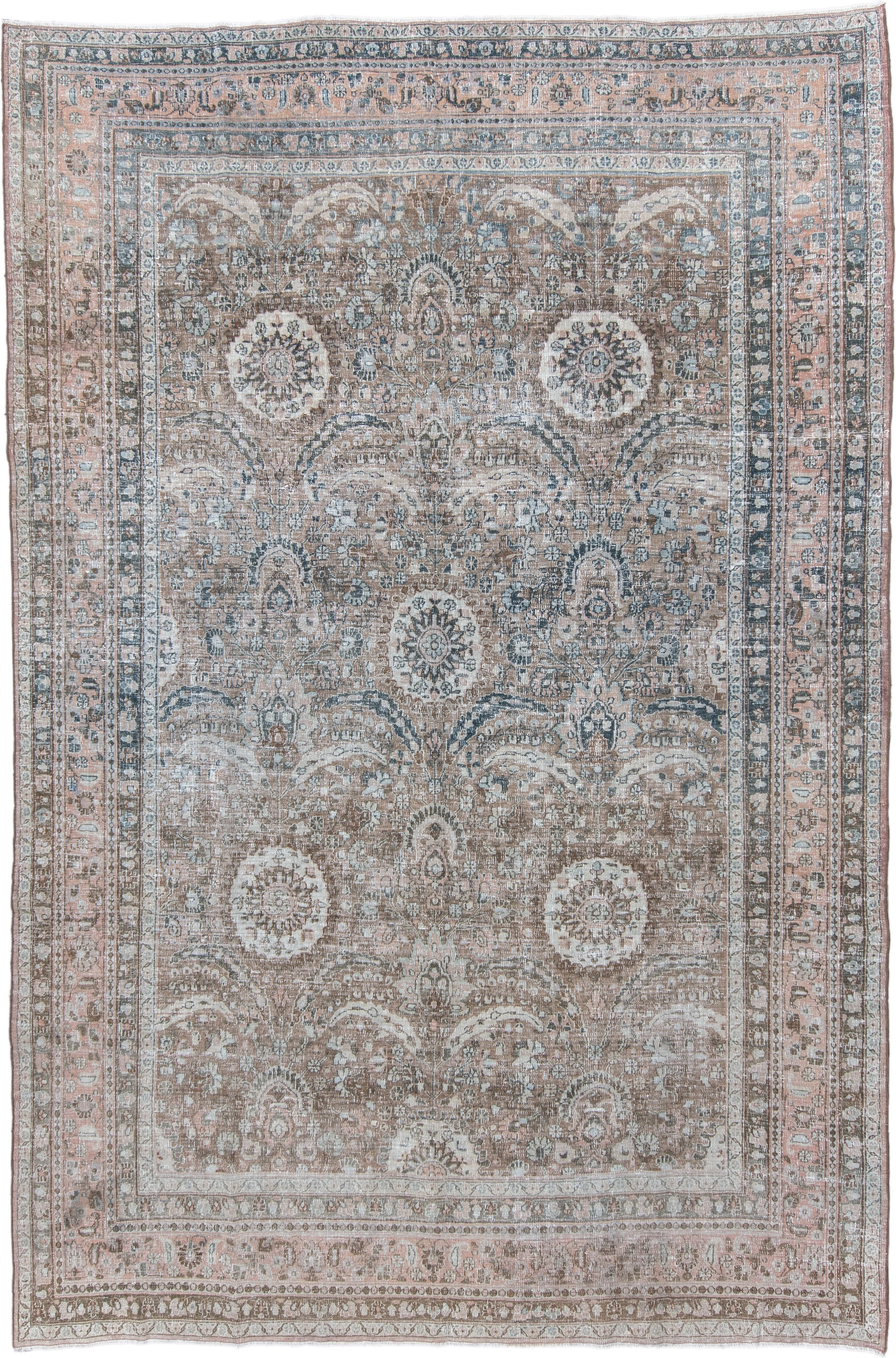 7' x 11' one-of-a-kind handmade antique Meshed large size rug. Color palette: taupe, blush, ivory, slate, dusty blue, brown