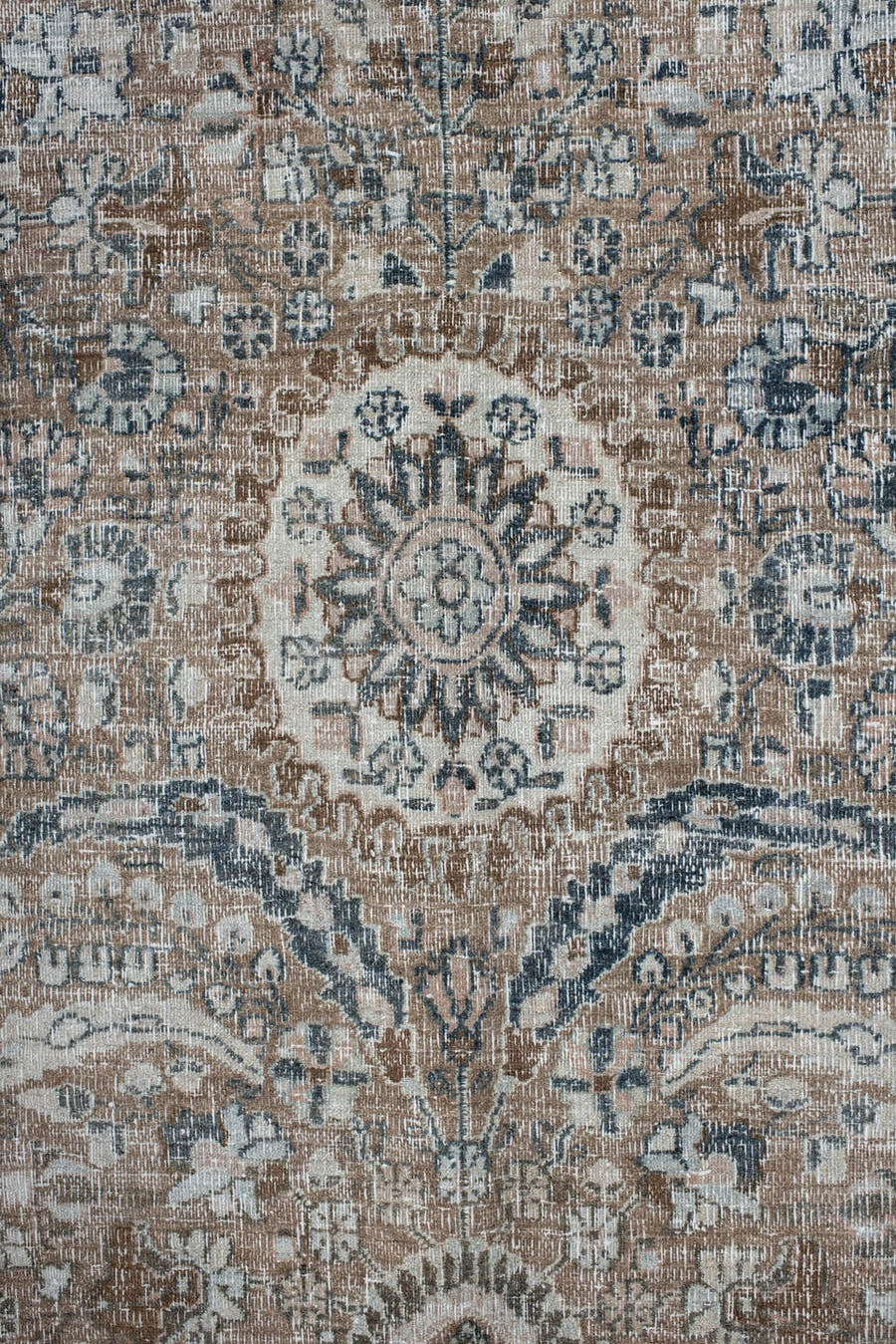 7' x 11' one-of-a-kind handmade antique Meshed large size rug. Color palette: taupe, blush, ivory, slate, dusty blue, brown