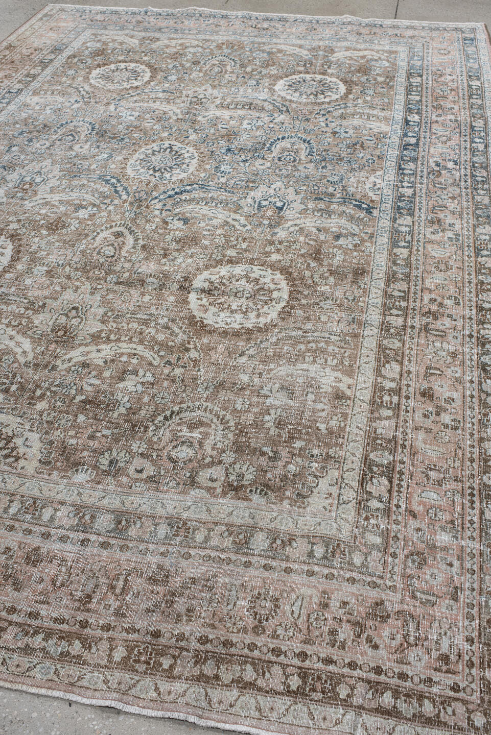 7' x 11' one-of-a-kind handmade antique Meshed large size rug. Color palette: taupe, blush, ivory, slate, dusty blue, brown