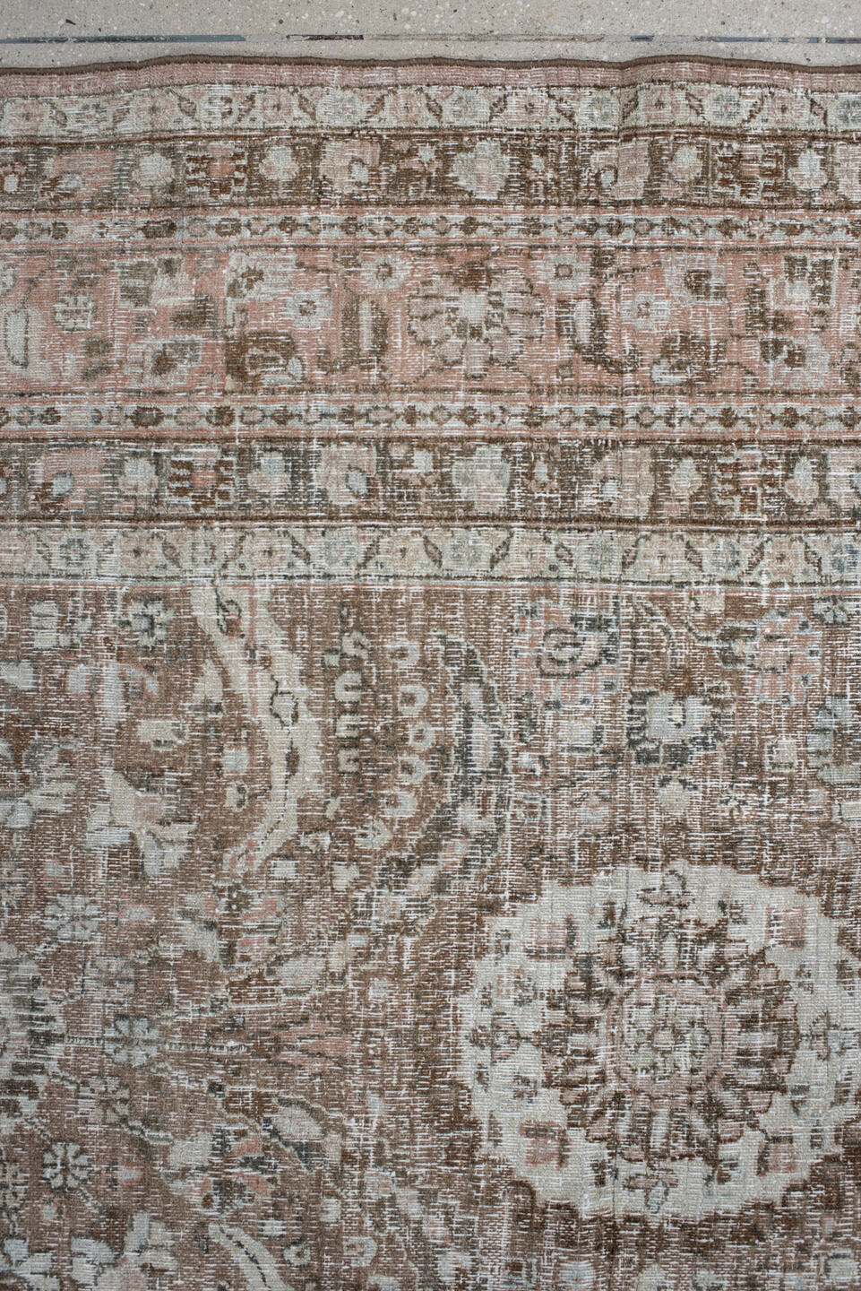 7' x 11' one-of-a-kind handmade antique Meshed large size rug. Color palette: taupe, blush, ivory, slate, dusty blue, brown