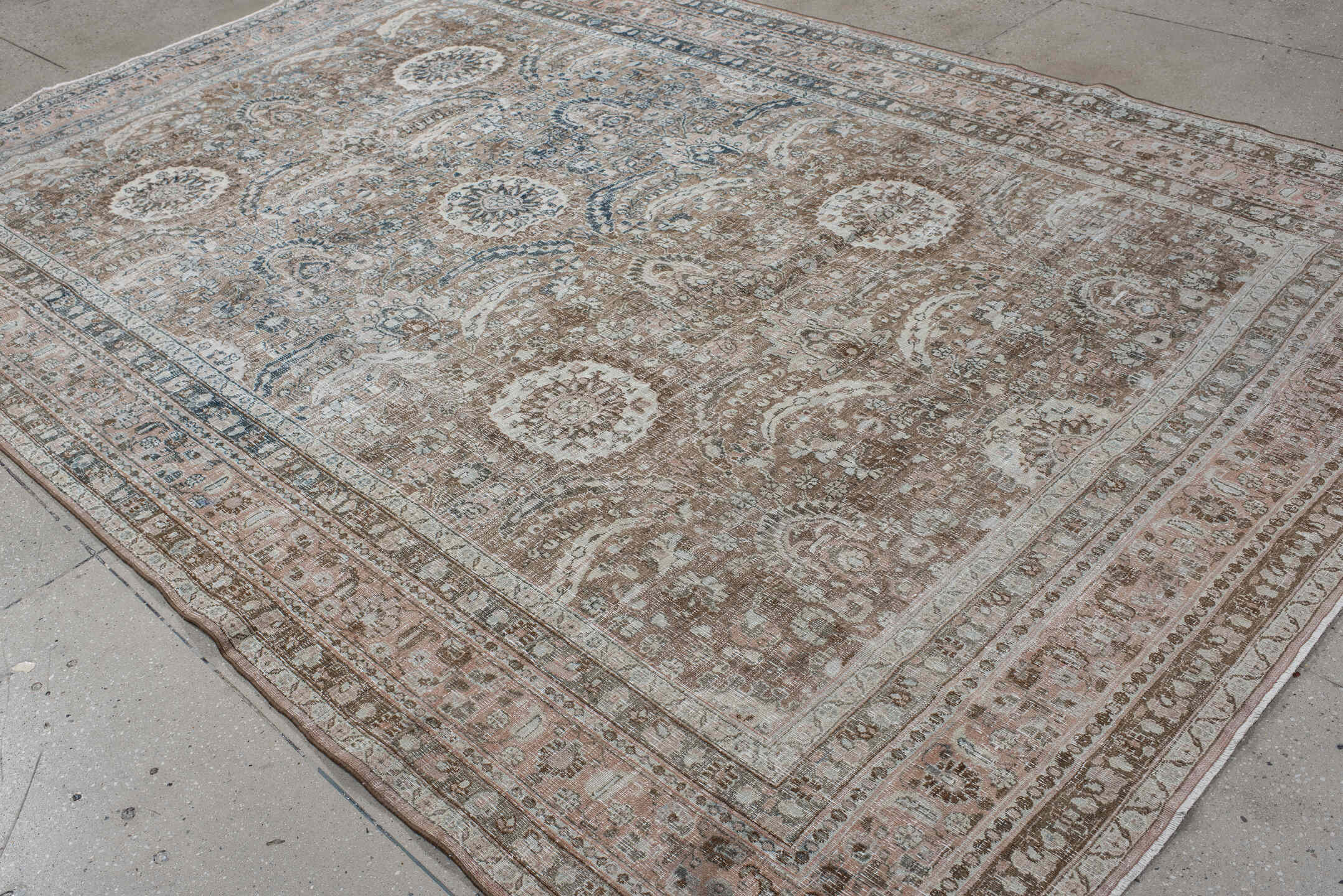 7' x 11' one-of-a-kind handmade antique Meshed large size rug. Color palette: taupe, blush, ivory, slate, dusty blue, brown