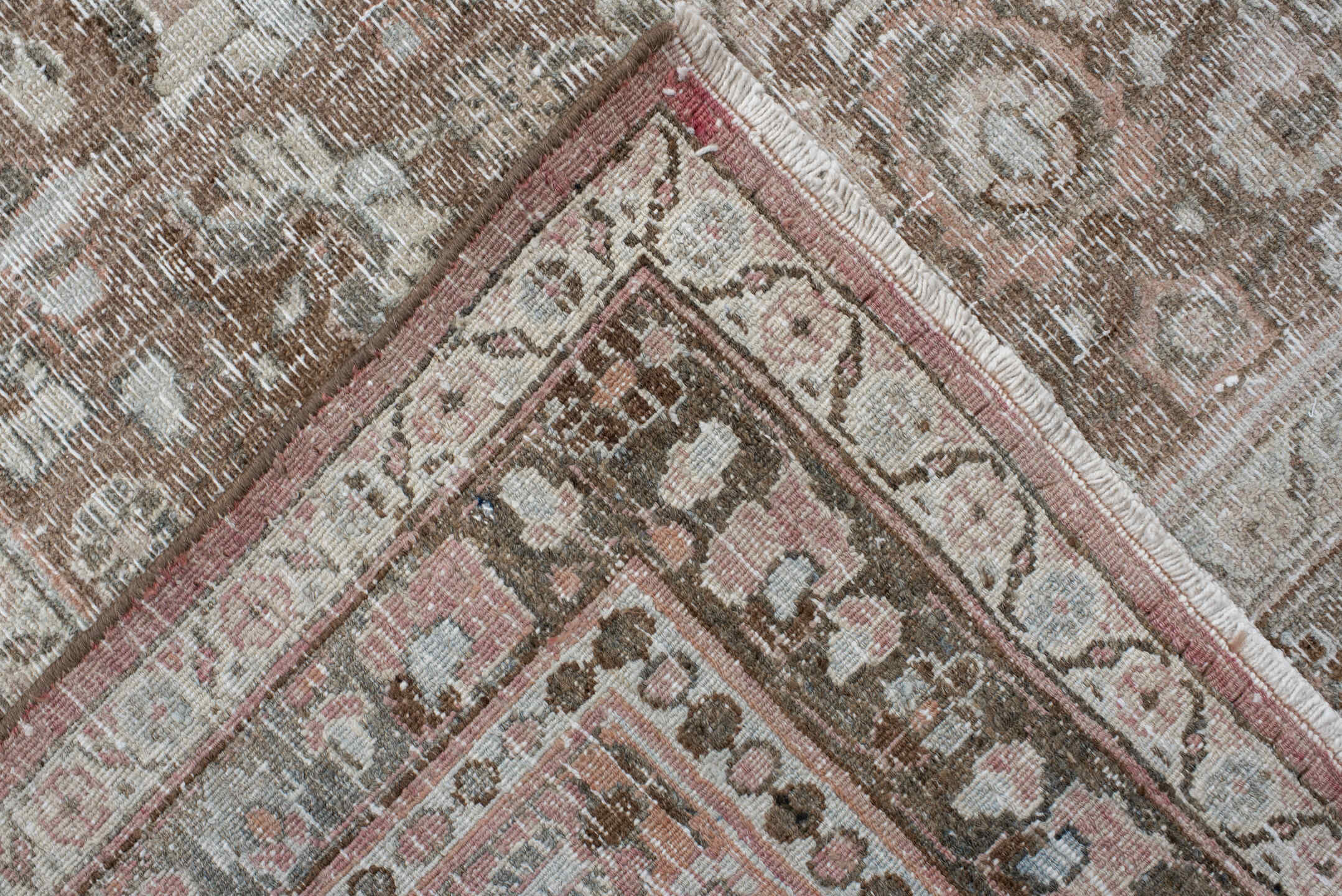 7' x 11' one-of-a-kind handmade antique Meshed large size rug. Color palette: taupe, blush, ivory, slate, dusty blue, brown