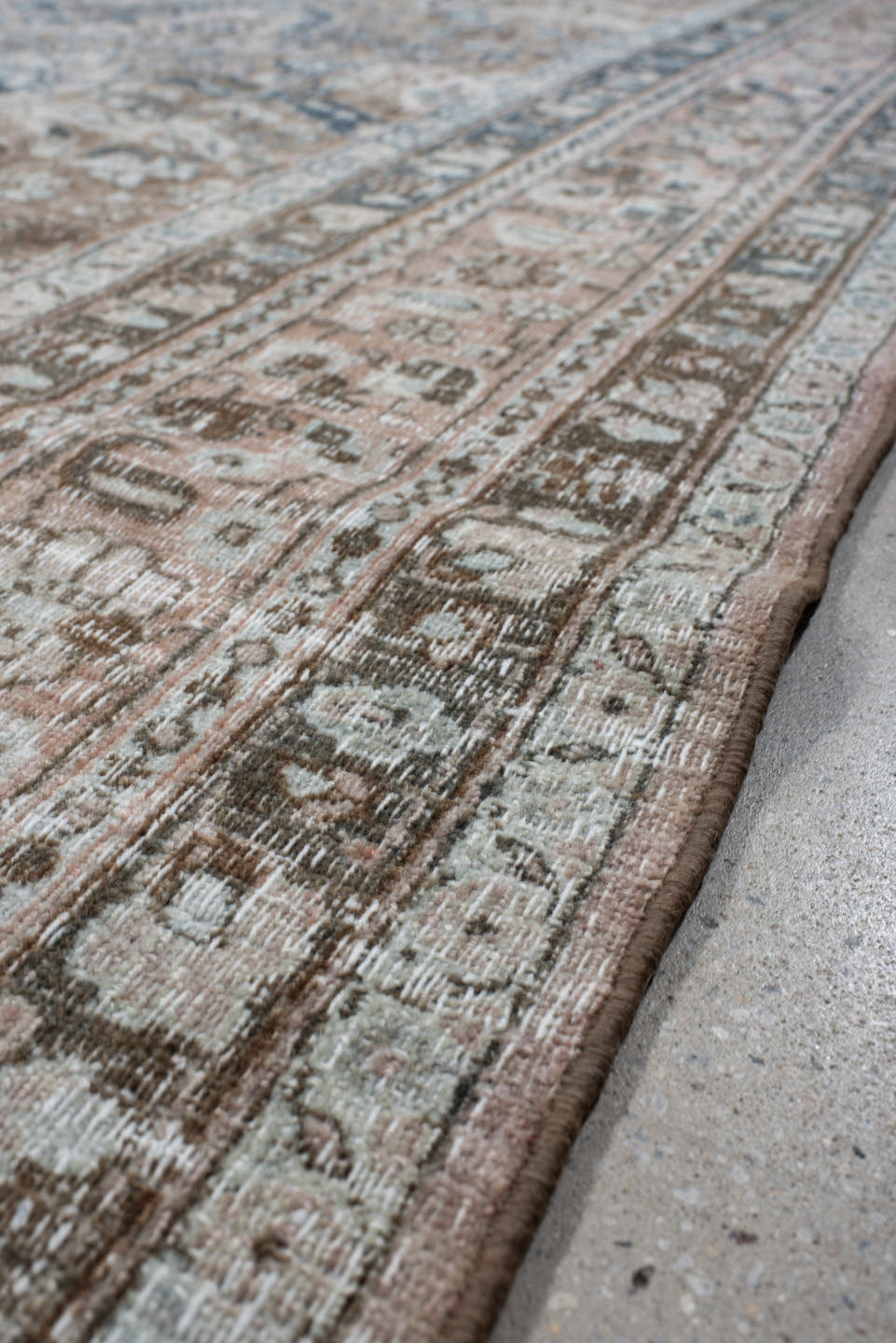 7' x 11' one-of-a-kind handmade antique Meshed large size rug. Color palette: taupe, blush, ivory, slate, dusty blue, brown