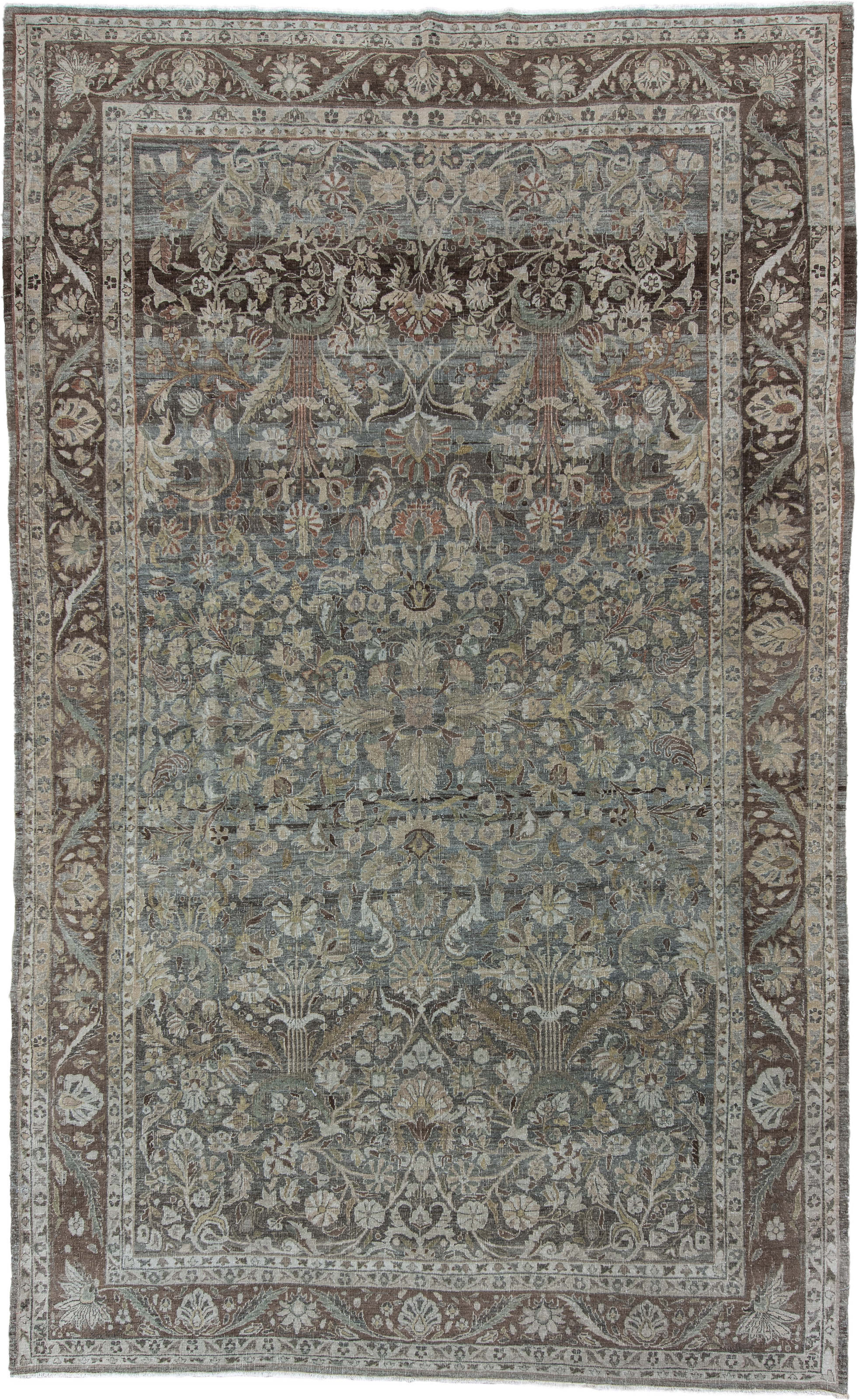 8' x 13' one-of-a-kind handmade vintage Bidjar large size rug. Color palette: taupe, ivory, brown, slate, sage, rust, beige