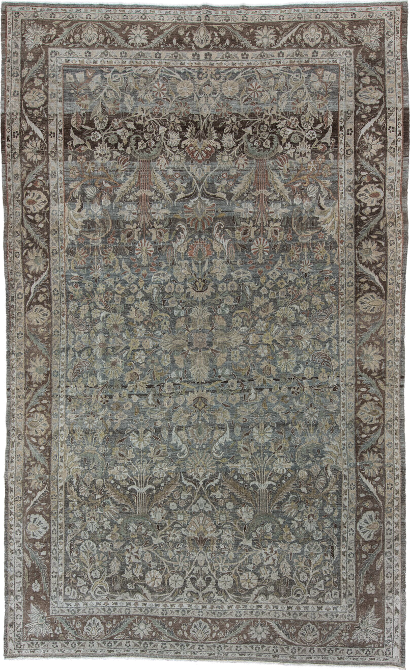 8' x 13' one-of-a-kind handmade vintage Bidjar large size rug. Color palette: taupe, ivory, brown, slate, sage, rust, beige