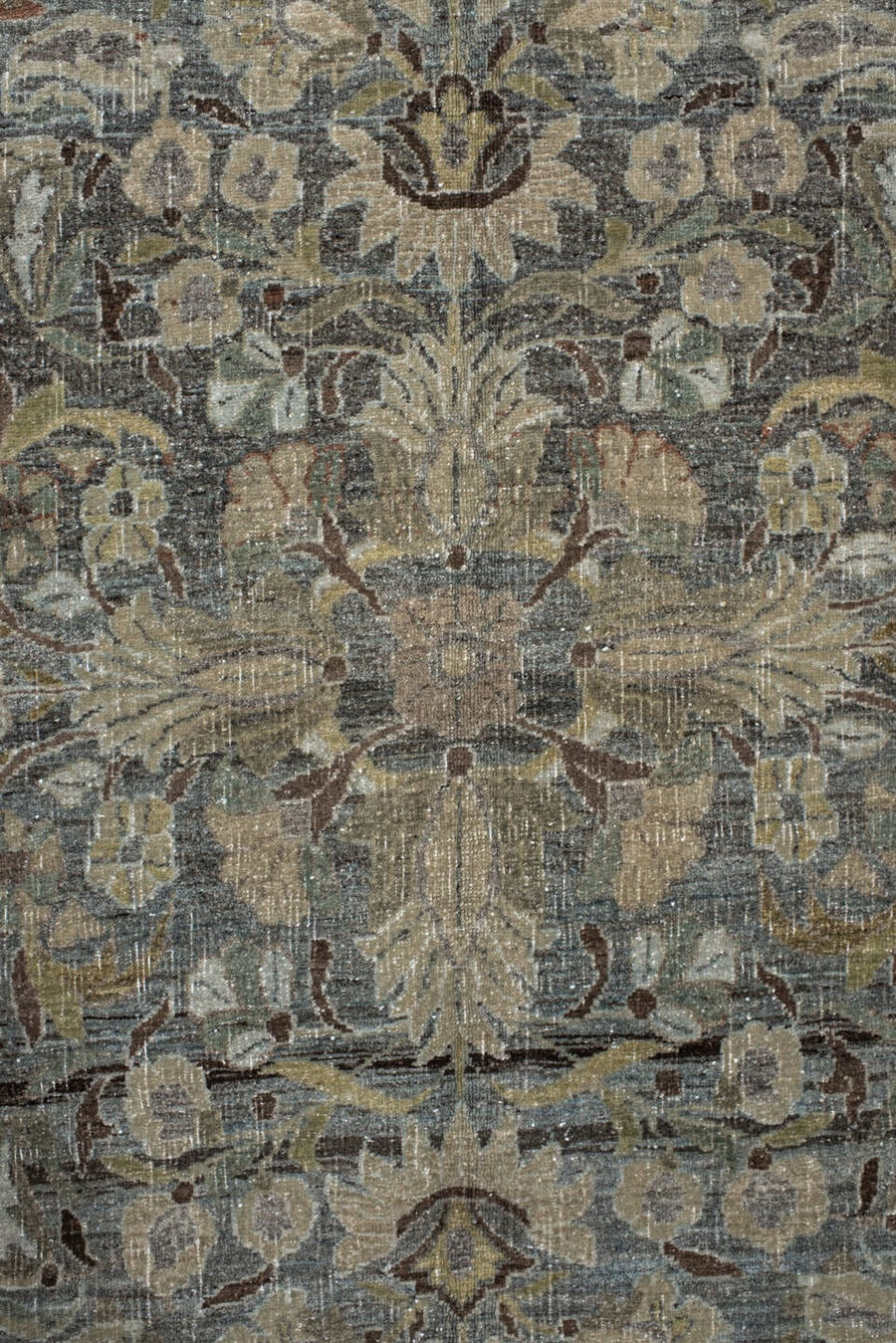 8' x 13' one-of-a-kind handmade vintage Bidjar large size rug. Color palette: taupe, ivory, brown, slate, sage, rust, beige