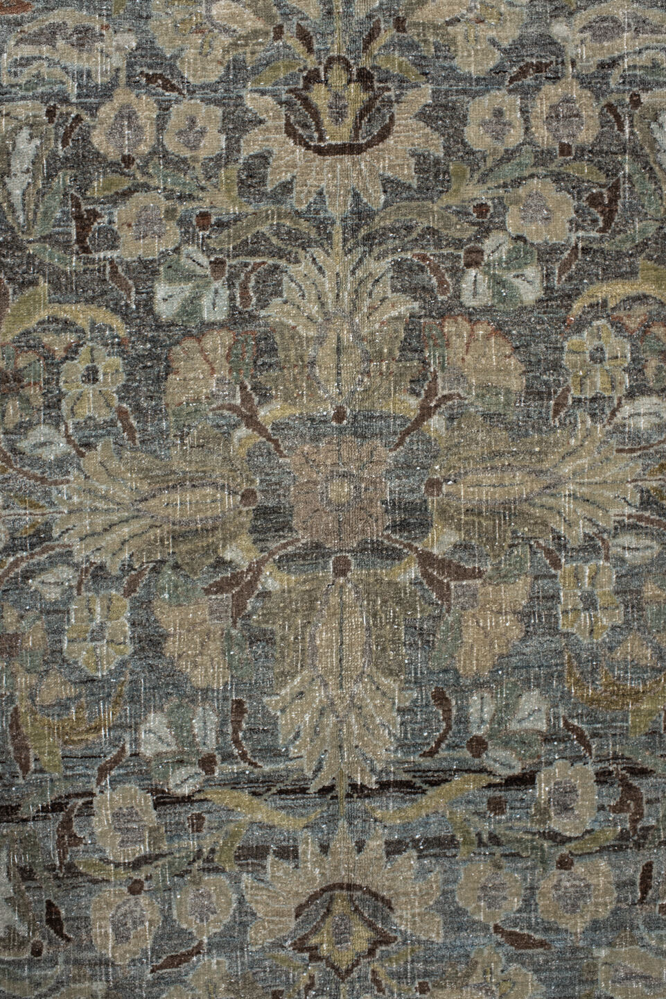 8' x 13' one-of-a-kind handmade vintage Bidjar large size rug. Color palette: taupe, ivory, brown, slate, sage, rust, beige