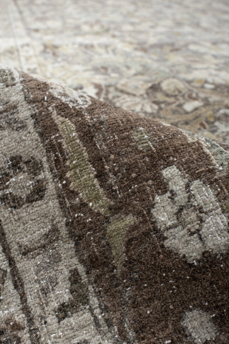 8' x 13' one-of-a-kind handmade vintage Bidjar large size rug. Color palette: taupe, ivory, brown, slate, sage, rust, beige