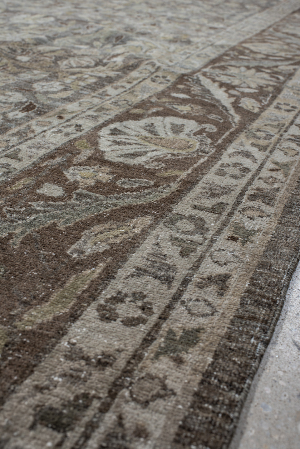 8' x 13' one-of-a-kind handmade vintage Bidjar large size rug. Color palette: taupe, ivory, brown, slate, sage, rust, beige