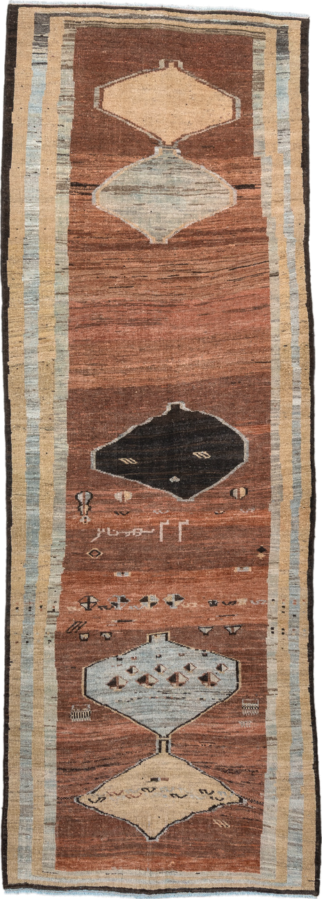 3' x 9' one-of-a-kind handmade vintage Gabbe runner rug. Color palette: black, brown, charcoal, dark gray, gainsboro, gray