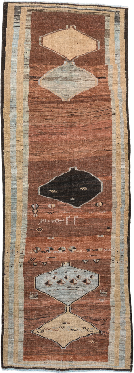 3' x 9' one-of-a-kind handmade vintage Gabbe runner rug. Color palette: rust, ivory, light blue, charcoal, taupe, brown