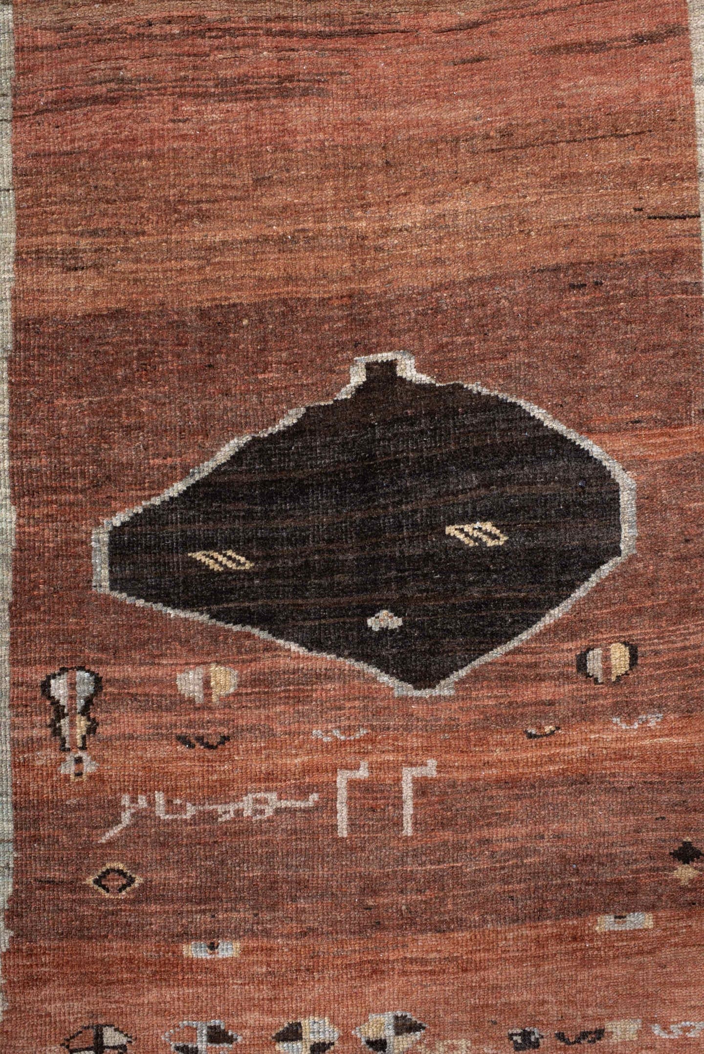 3' x 9' one-of-a-kind handmade vintage Gabbe runner rug. Color palette: rust, ivory, light blue, charcoal, taupe, brown