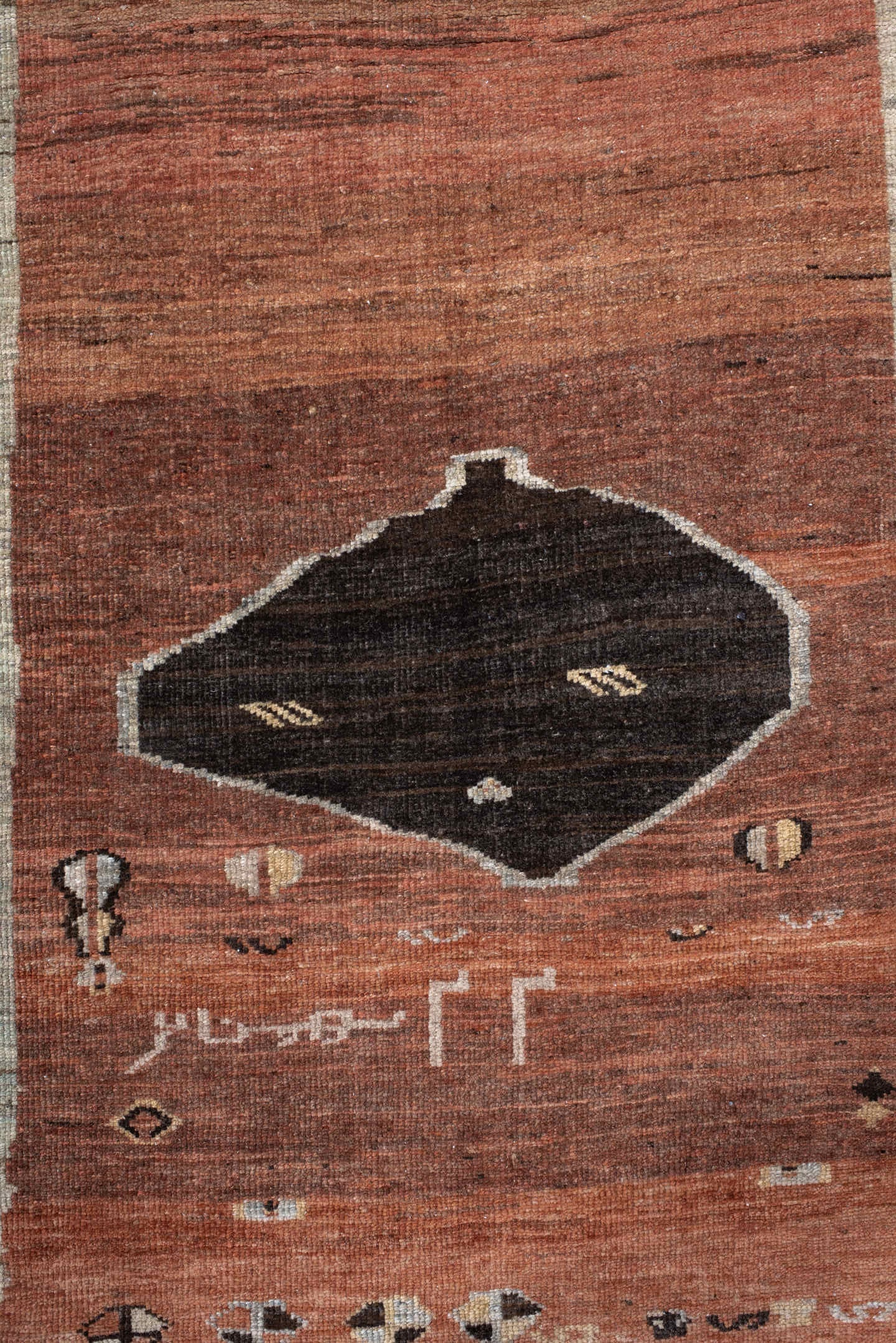 3' x 9' one-of-a-kind handmade vintage Gabbe runner rug. Color palette: rust, ivory, light blue, charcoal, taupe, brown