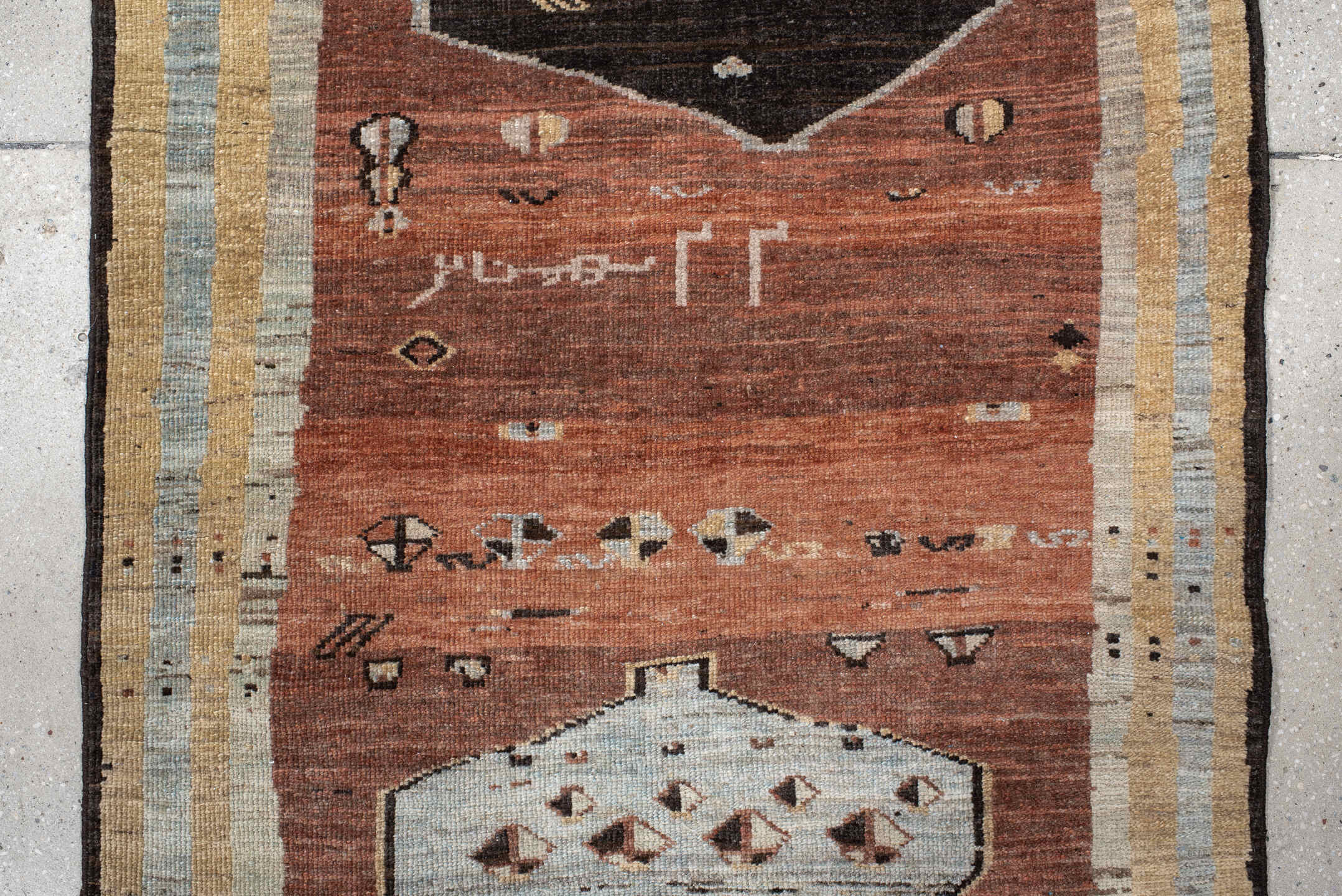 3' x 9' one-of-a-kind handmade vintage Gabbe runner rug. Color palette: rust, ivory, light blue, charcoal, taupe, brown