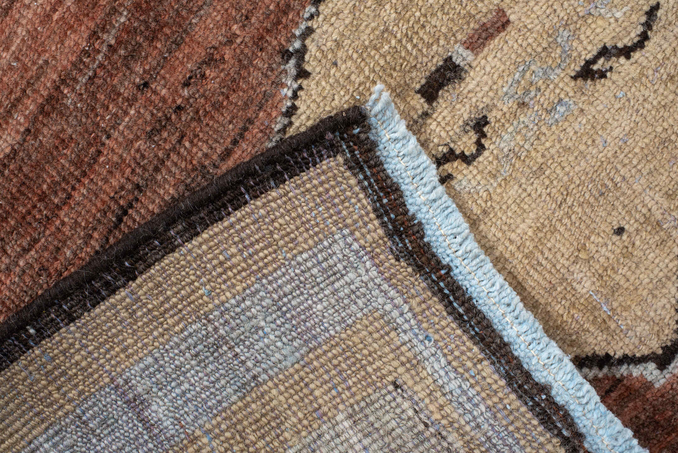 3' x 9' one-of-a-kind handmade vintage Gabbe runner rug. Color palette: rust, ivory, light blue, charcoal, taupe, brown