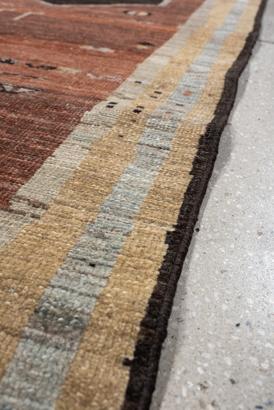 3' x 9' one-of-a-kind handmade vintage Gabbe runner rug. Color palette: rust, ivory, light blue, charcoal, taupe, brown